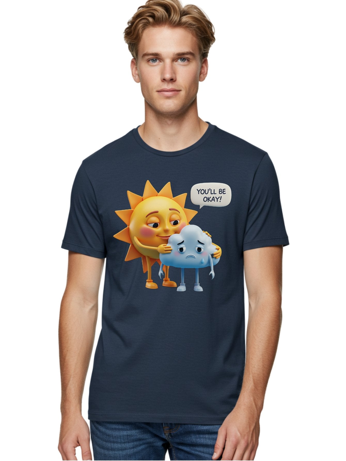 You-Ll-Be-Okay Men'S Graphic Tee, 100% Cotton, Comfortable Casual Summer Wear, Machine Washable, Sun Hugging Sad Cloud, Reassuring Words, Emotional Support, Comforting Scene, Mental Health Awareness, Positivity, Friendship, Cartoon Characters Bae110 21