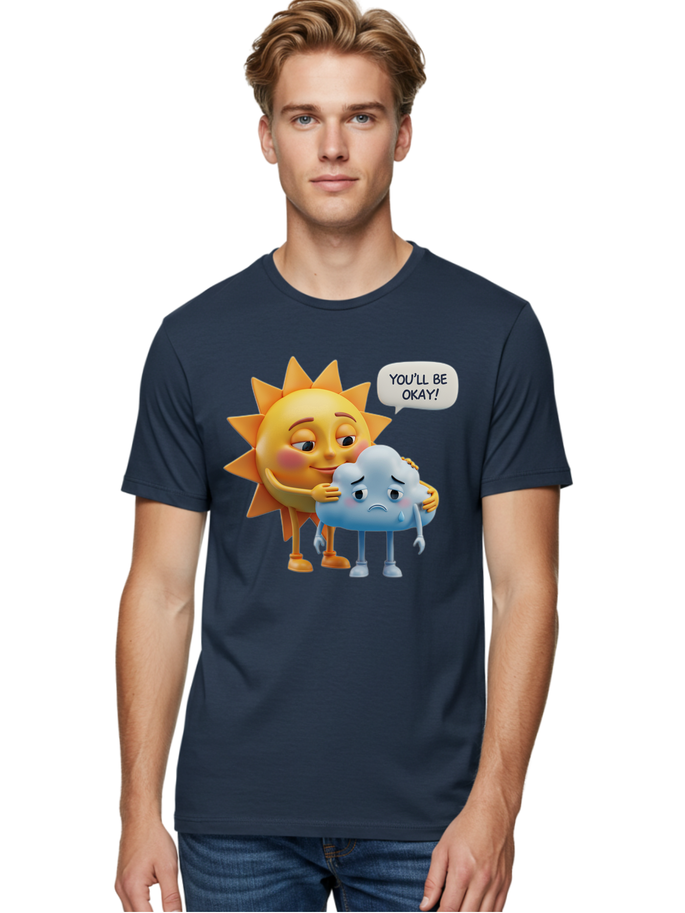 You-Ll-Be-Okay Men'S Graphic Tee, 100% Cotton, Comfortable Casual Summer Wear, Machine Washable, Sun Hugging Sad Cloud, Reassuring Words, Emotional Support, Comforting Scene, Mental Health Awareness, Positivity, Friendship, Cartoon Characters Bae110 25