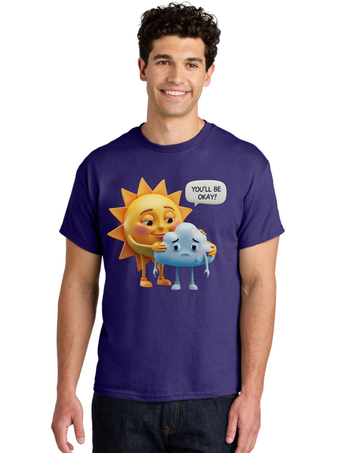 You-Ll-Be-Okay Men'S Graphic Tee, 100% Cotton, Comfortable Casual Summer Wear, Machine Washable, Sun Hugging Sad Cloud, Reassuring Words, Emotional Support, Comforting Scene, Mental Health Awareness, Positivity, Friendship, Cartoon Characters Bae110 25