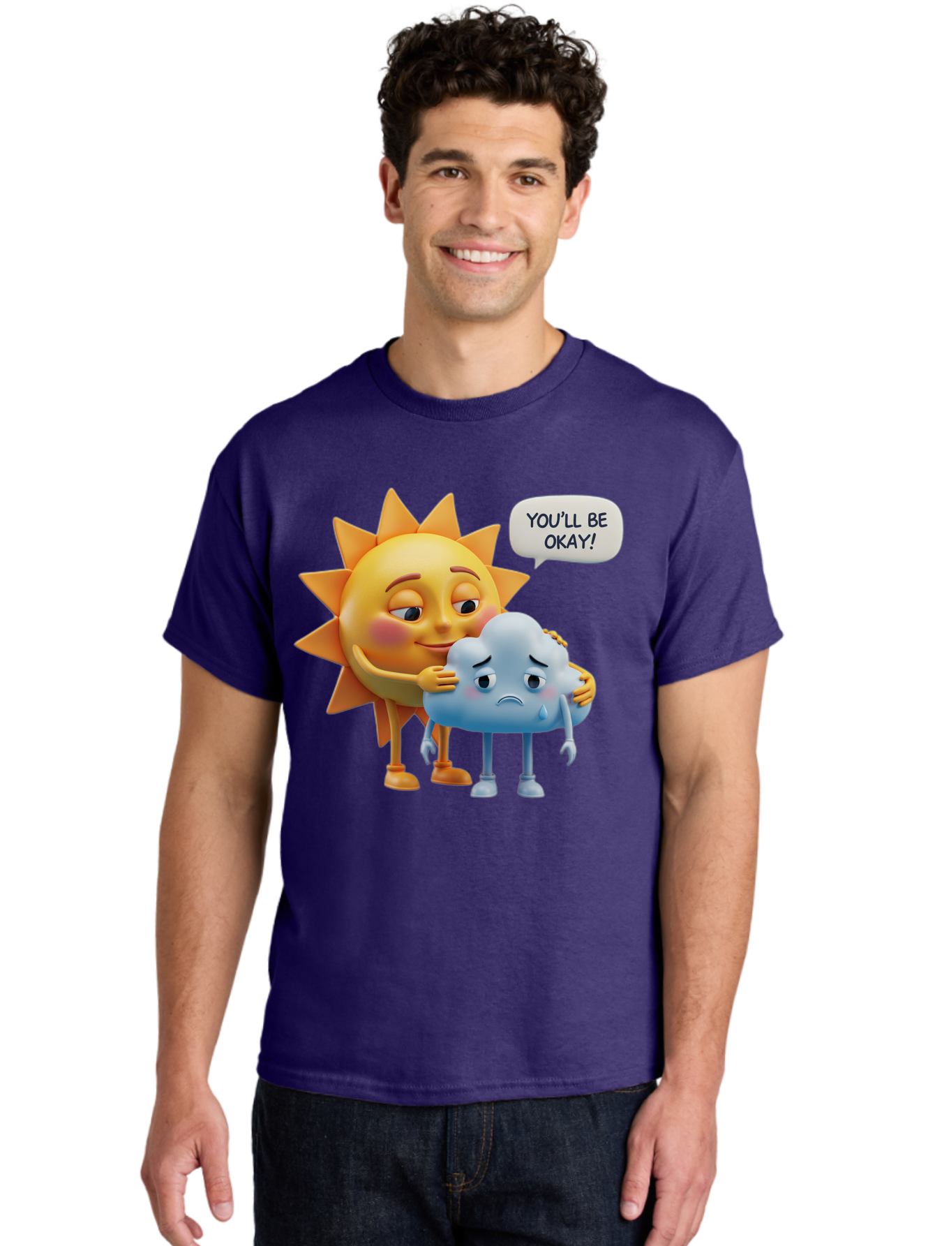 You-Ll-Be-Okay Men'S Graphic Tee, 100% Cotton, Comfortable Casual Summer Wear, Machine Washable, Sun Hugging Sad Cloud, Reassuring Words, Emotional Support, Comforting Scene, Mental Health Awareness, Positivity, Friendship, Cartoon Characters Bae110 21