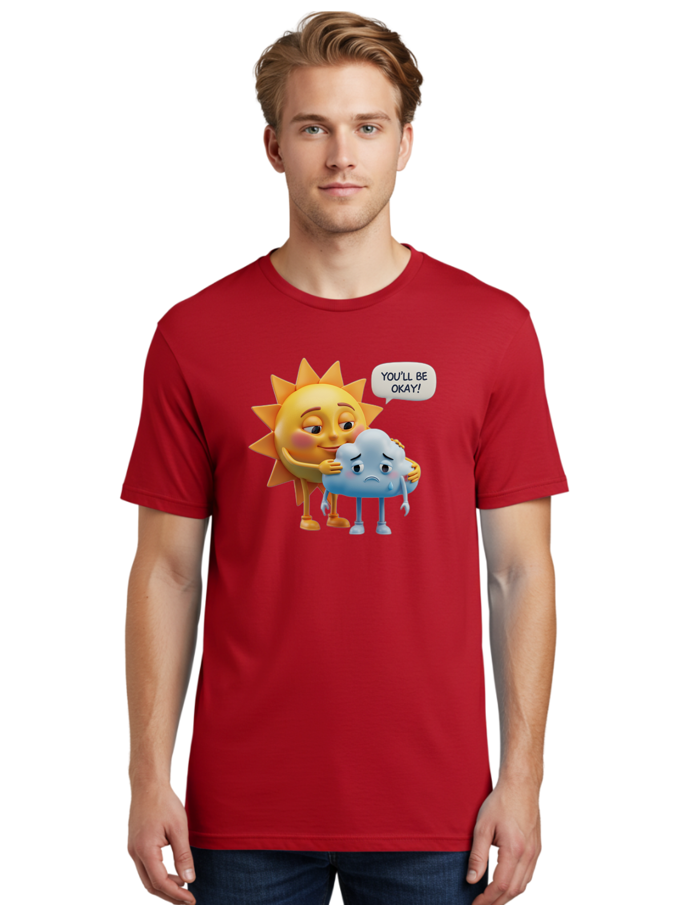 You-Ll-Be-Okay Men'S Graphic Tee, 100% Cotton, Comfortable Casual Summer Wear, Machine Washable, Sun Hugging Sad Cloud, Reassuring Words, Emotional Support, Comforting Scene, Mental Health Awareness, Positivity, Friendship, Cartoon Characters Bae110 17
