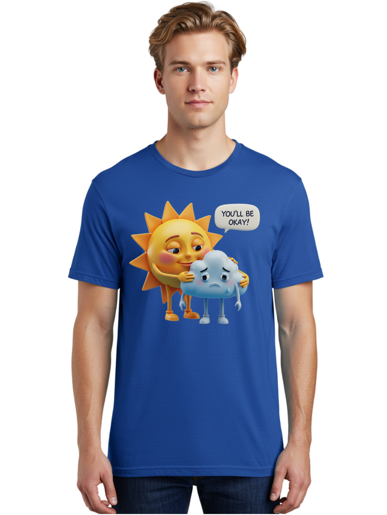 You-Ll-Be-Okay Men'S Graphic Tee, 100% Cotton, Comfortable Casual Summer Wear, Machine Washable, Sun Hugging Sad Cloud, Reassuring Words, Emotional Support, Comforting Scene, Mental Health Awareness, Positivity, Friendship, Cartoon Characters Bae110 20