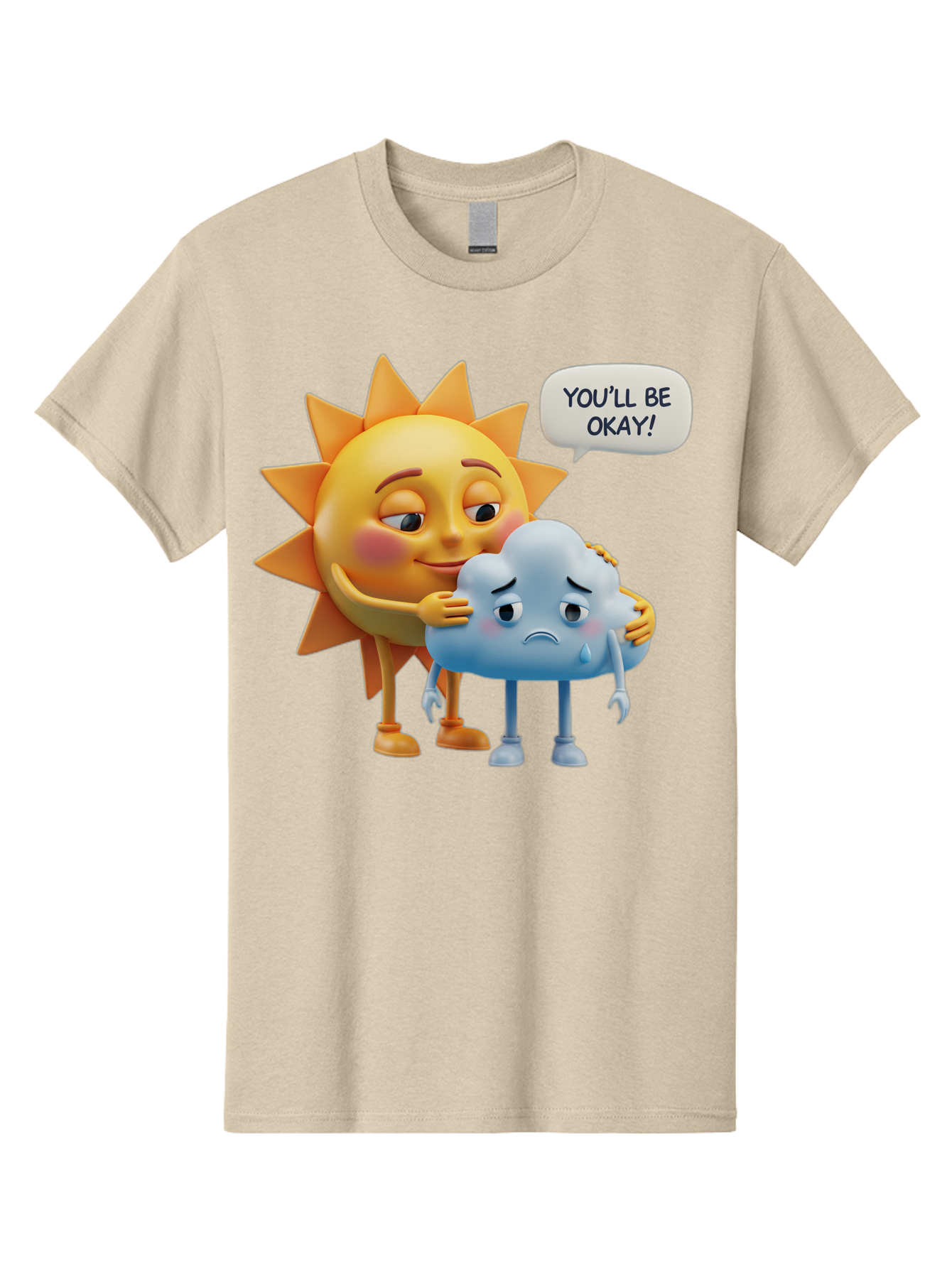 You-Ll-Be-Okay Men'S Graphic Tee, 100% Cotton, Comfortable Casual Summer Wear, Machine Washable, Sun Hugging Sad Cloud, Reassuring Words, Emotional Support, Comforting Scene, Mental Health Awareness, Positivity, Friendship, Cartoon Characters Bae110 9