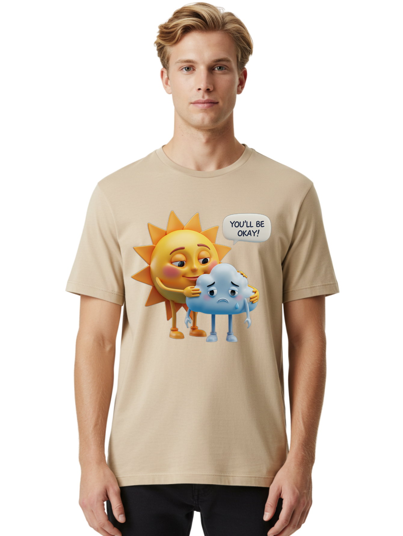 You-Ll-Be-Okay Men'S Graphic Tee, 100% Cotton, Comfortable Casual Summer Wear, Machine Washable, Sun Hugging Sad Cloud, Reassuring Words, Emotional Support, Comforting Scene, Mental Health Awareness, Positivity, Friendship, Cartoon Characters Bae110 24