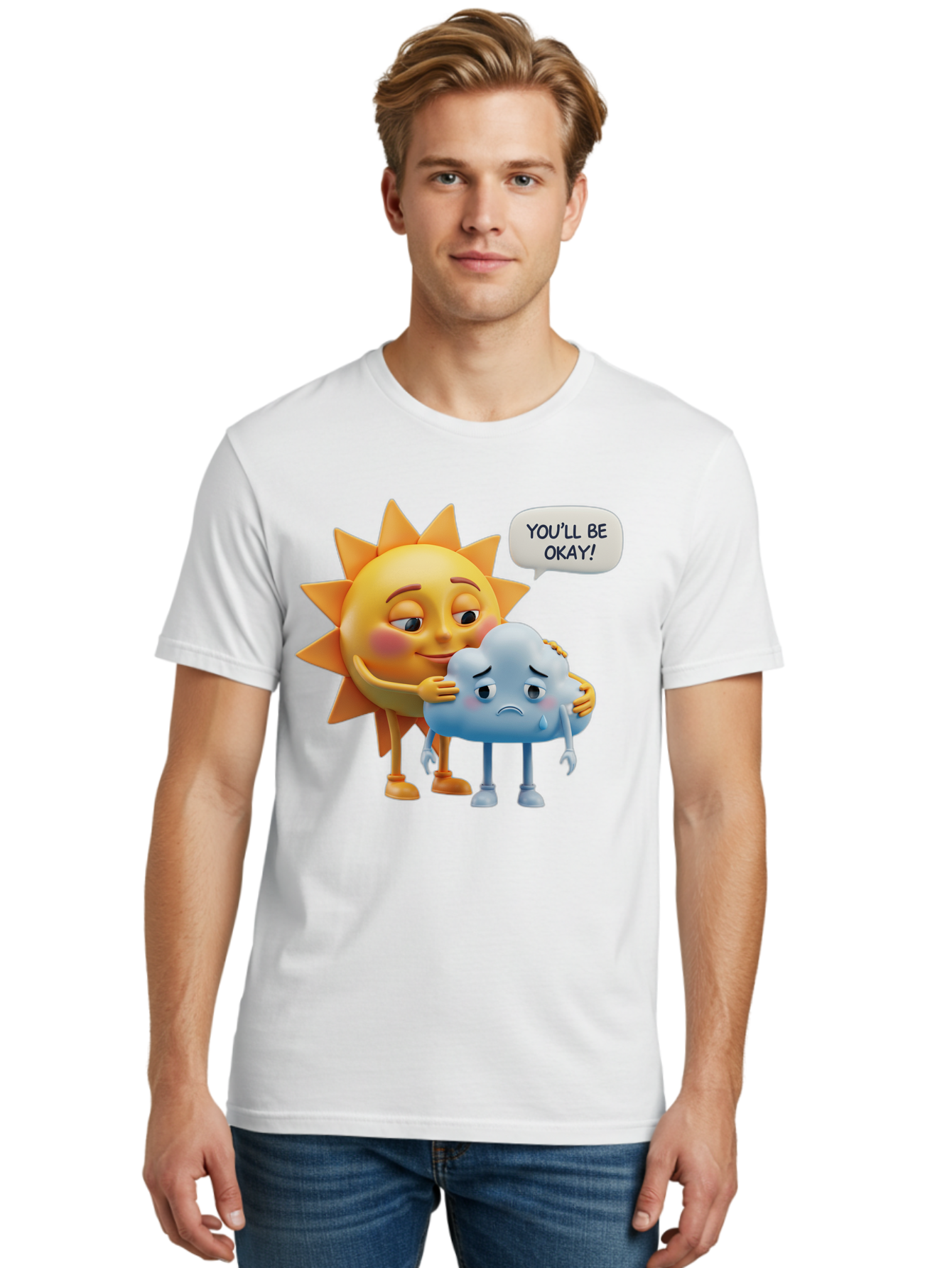 You-Ll-Be-Okay Men'S Graphic Tee, 100% Cotton, Comfortable Casual Summer Wear, Machine Washable, Sun Hugging Sad Cloud, Reassuring Words, Emotional Support, Comforting Scene, Mental Health Awareness, Positivity, Friendship, Cartoon Characters Bae110 30