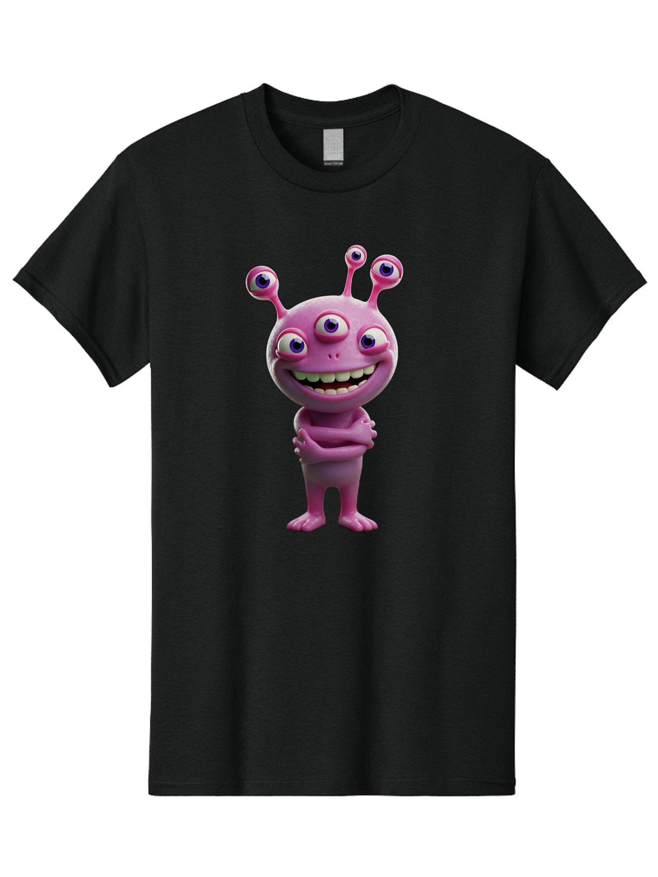 Alien-Character Men'S Graphic Tee, 100% Cotton, Comfortable Casual Summer Wear, Machine Washable, Pink Alien, Cartoon Character, Multiple Eyes, Wide Smile, Playful Vibe, Funny Creature, 3D Illustration, Fantasy Being, Happy Face, Playful Eyes Bae111 8