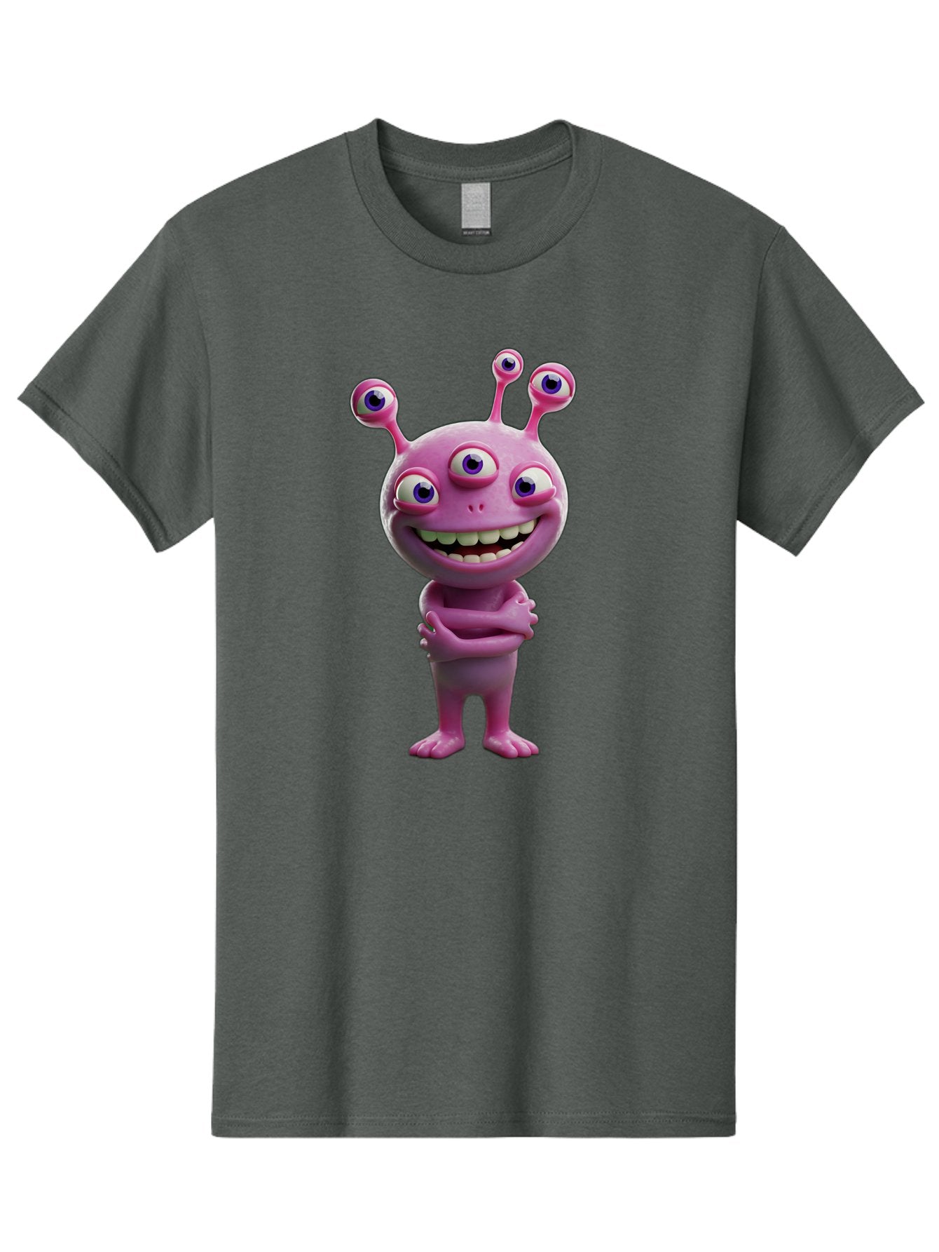 Alien-Character Men'S Graphic Tee, 100% Cotton, Comfortable Casual Summer Wear, Machine Washable, Pink Alien, Cartoon Character, Multiple Eyes, Wide Smile, Playful Vibe, Funny Creature, 3D Illustration, Fantasy Being, Happy Face, Playful Eyes Bae111 3
