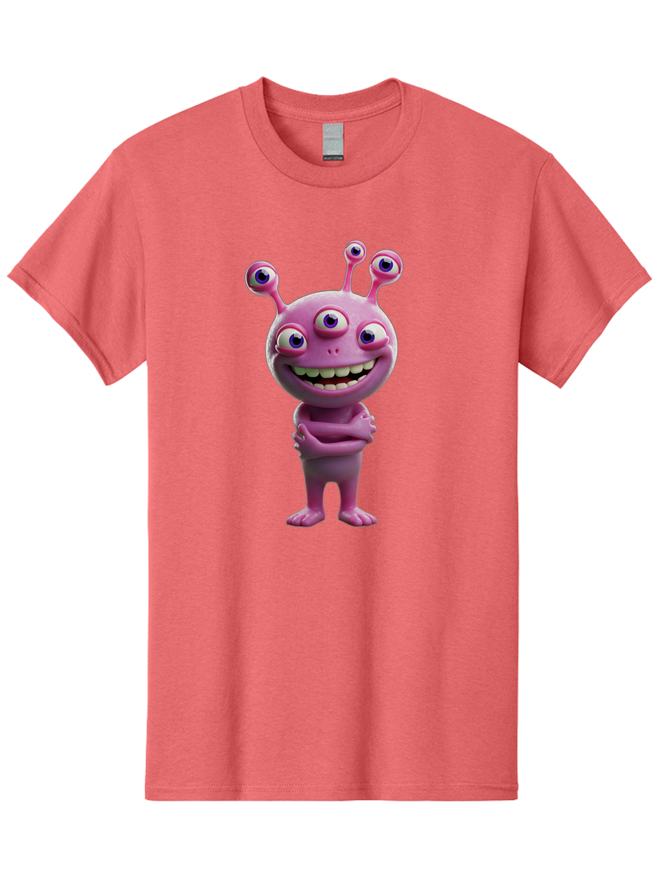Alien-Character Men'S Graphic Tee, 100% Cotton, Comfortable Casual Summer Wear, Machine Washable, Pink Alien, Cartoon Character, Multiple Eyes, Wide Smile, Playful Vibe, Funny Creature, 3D Illustration, Fantasy Being, Happy Face, Playful Eyes Bae111 14