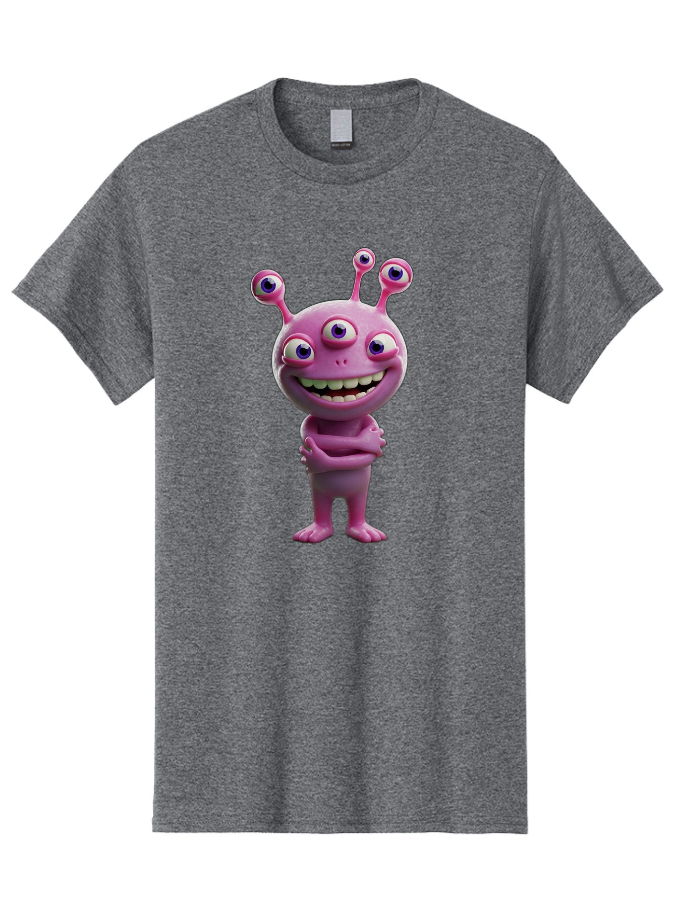 Alien-Character Men'S Graphic Tee, 100% Cotton, Comfortable Casual Summer Wear, Machine Washable, Pink Alien, Cartoon Character, Multiple Eyes, Wide Smile, Playful Vibe, Funny Creature, 3D Illustration, Fantasy Being, Happy Face, Playful Eyes Bae111 11
