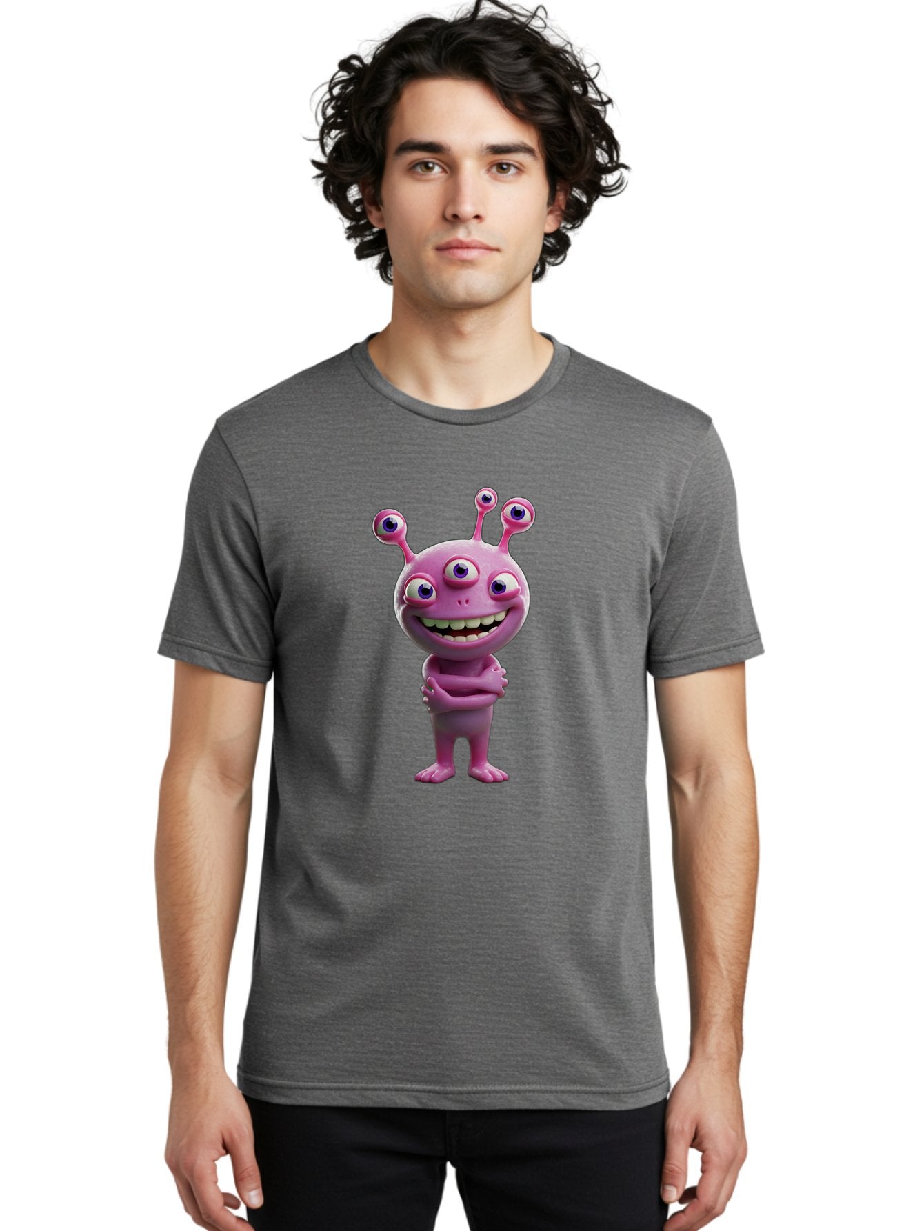 Alien-Character Men'S Graphic Tee, 100% Cotton, Comfortable Casual Summer Wear, Machine Washable, Pink Alien, Cartoon Character, Multiple Eyes, Wide Smile, Playful Vibe, Funny Creature, 3D Illustration, Fantasy Being, Happy Face, Playful Eyes Bae111 27