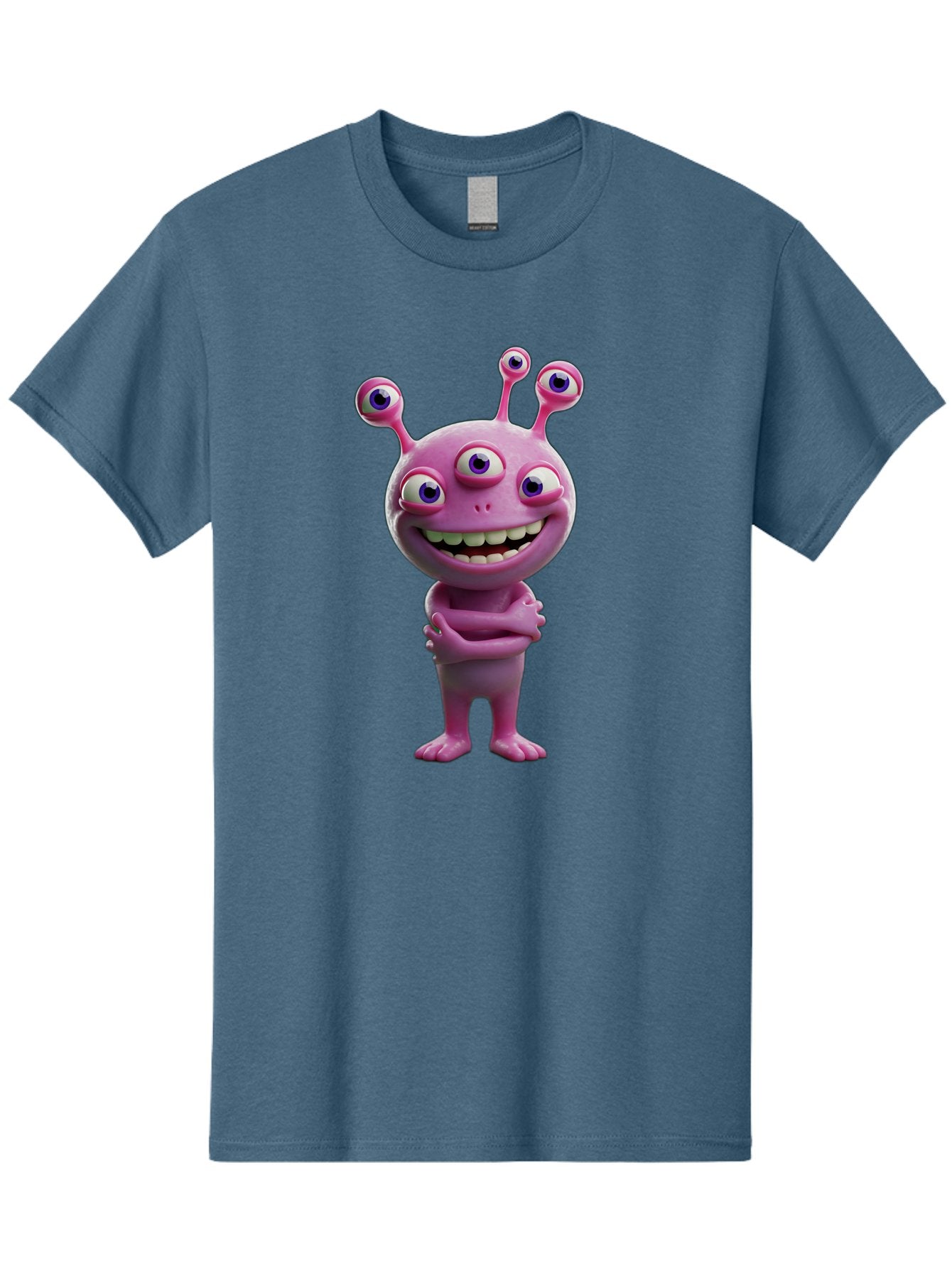 Alien-Character Men'S Graphic Tee, 100% Cotton, Comfortable Casual Summer Wear, Machine Washable, Pink Alien, Cartoon Character, Multiple Eyes, Wide Smile, Playful Vibe, Funny Creature, 3D Illustration, Fantasy Being, Happy Face, Playful Eyes Bae111