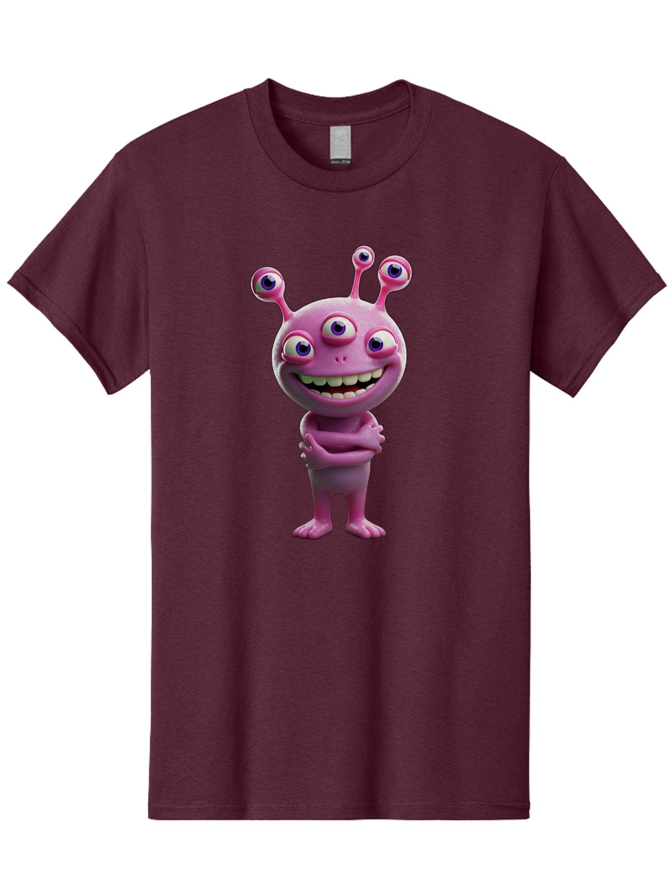 Alien-Character Men'S Graphic Tee, 100% Cotton, Comfortable Casual Summer Wear, Machine Washable, Pink Alien, Cartoon Character, Multiple Eyes, Wide Smile, Playful Vibe, Funny Creature, 3D Illustration, Fantasy Being, Happy Face, Playful Eyes Bae111 5