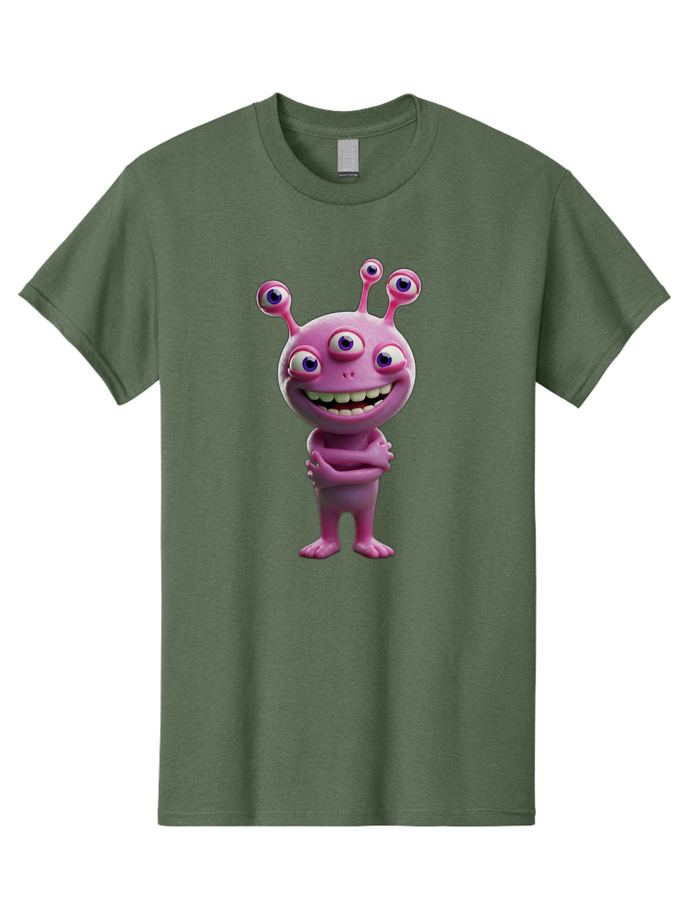 Alien-Character Men'S Graphic Tee, 100% Cotton, Comfortable Casual Summer Wear, Machine Washable, Pink Alien, Cartoon Character, Multiple Eyes, Wide Smile, Playful Vibe, Funny Creature, 3D Illustration, Fantasy Being, Happy Face, Playful Eyes Bae111 7