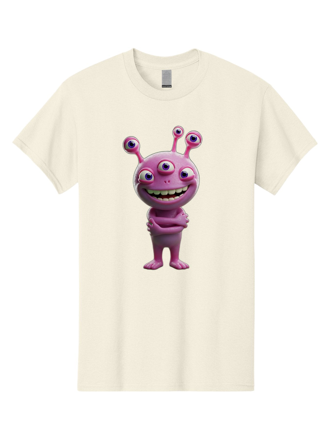 Alien-Character Men'S Graphic Tee, 100% Cotton, Comfortable Casual Summer Wear, Machine Washable, Pink Alien, Cartoon Character, Multiple Eyes, Wide Smile, Playful Vibe, Funny Creature, 3D Illustration, Fantasy Being, Happy Face, Playful Eyes Bae111 4