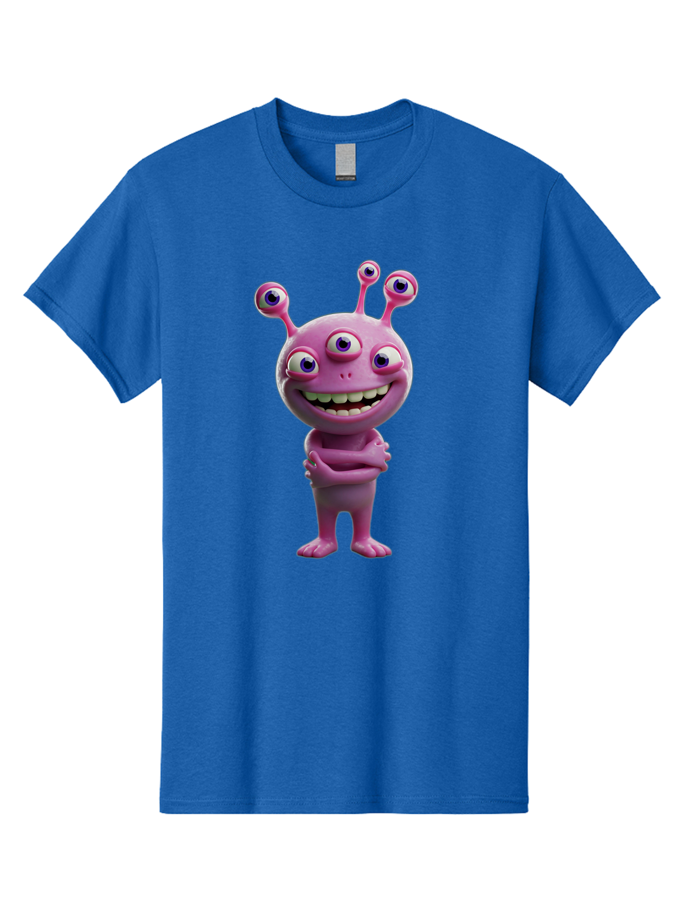 Alien-Character Men'S Graphic Tee, 100% Cotton, Comfortable Casual Summer Wear, Machine Washable, Pink Alien, Cartoon Character, Multiple Eyes, Wide Smile, Playful Vibe, Funny Creature, 3D Illustration, Fantasy Being, Happy Face, Playful Eyes Bae111