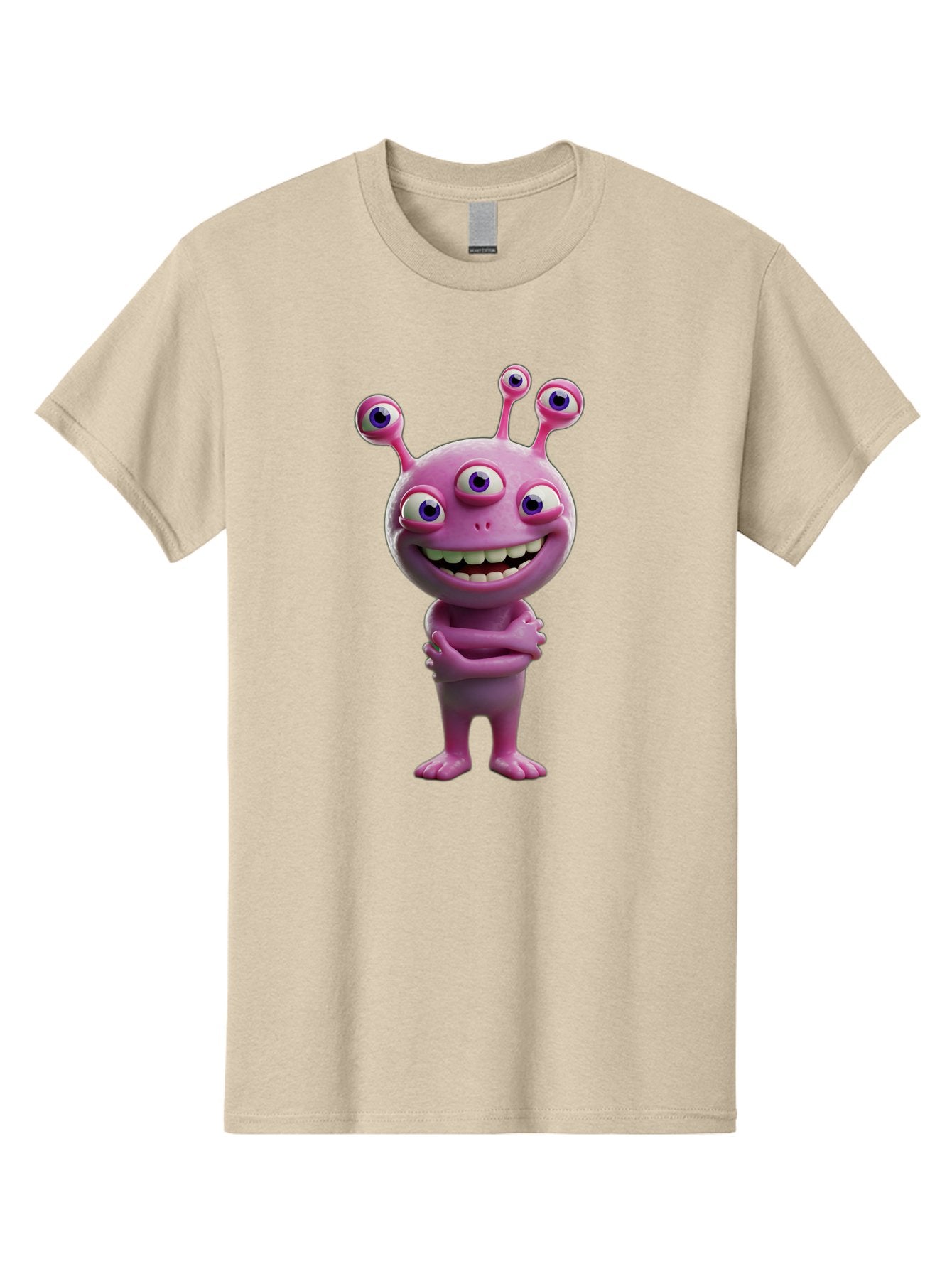 Alien-Character Men'S Graphic Tee, 100% Cotton, Comfortable Casual Summer Wear, Machine Washable, Pink Alien, Cartoon Character, Multiple Eyes, Wide Smile, Playful Vibe, Funny Creature, 3D Illustration, Fantasy Being, Happy Face, Playful Eyes Bae111 6