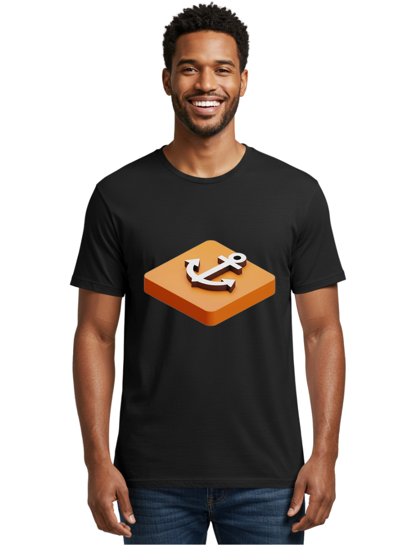 Anchor-1 Men'S Graphic Tee, 100% Cotton, Comfortable Casual Summer Wear, Machine Washable, 3D Anchor Icon, Orange Square Base, Nautical Symbol, Maritime Emblem, Stability And Strength, Modern Design, Digital Graphic Bae113 16