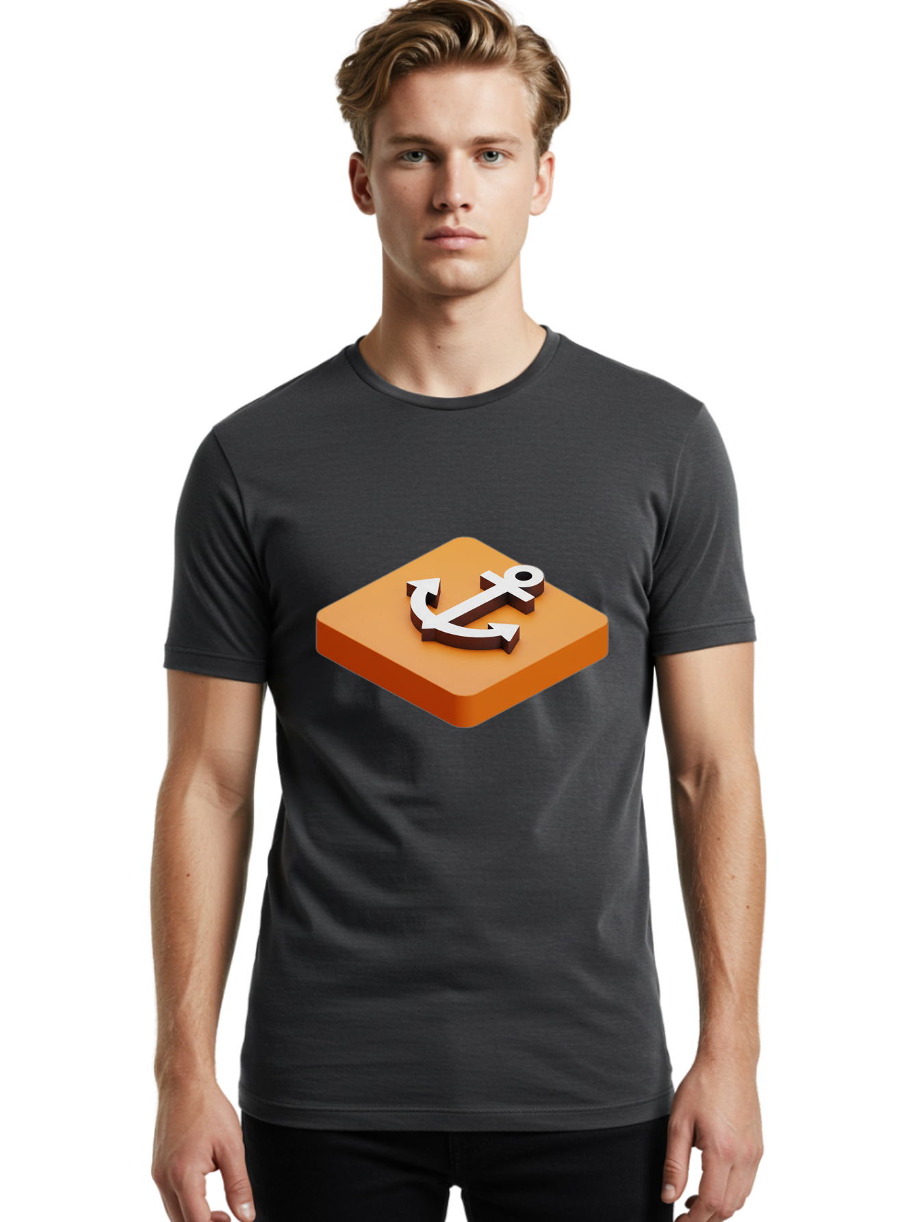 Anchor-1 Men'S Graphic Tee, 100% Cotton, Comfortable Casual Summer Wear, Machine Washable, 3D Anchor Icon, Orange Square Base, Nautical Symbol, Maritime Emblem, Stability And Strength, Modern Design, Digital Graphic Bae113 20