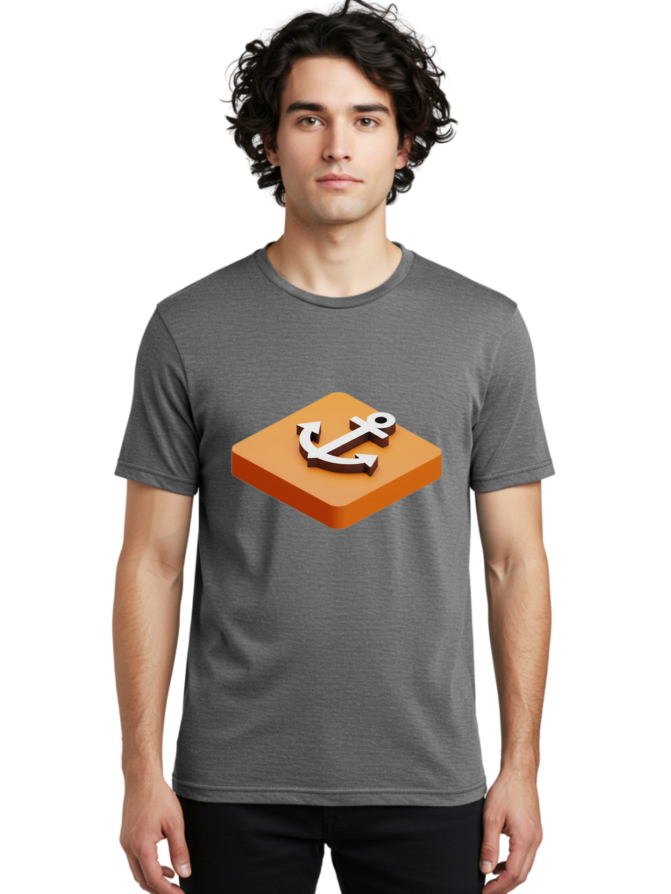 Anchor-1 Men'S Graphic Tee, 100% Cotton, Comfortable Casual Summer Wear, Machine Washable, 3D Anchor Icon, Orange Square Base, Nautical Symbol, Maritime Emblem, Stability And Strength, Modern Design, Digital Graphic Bae113 24