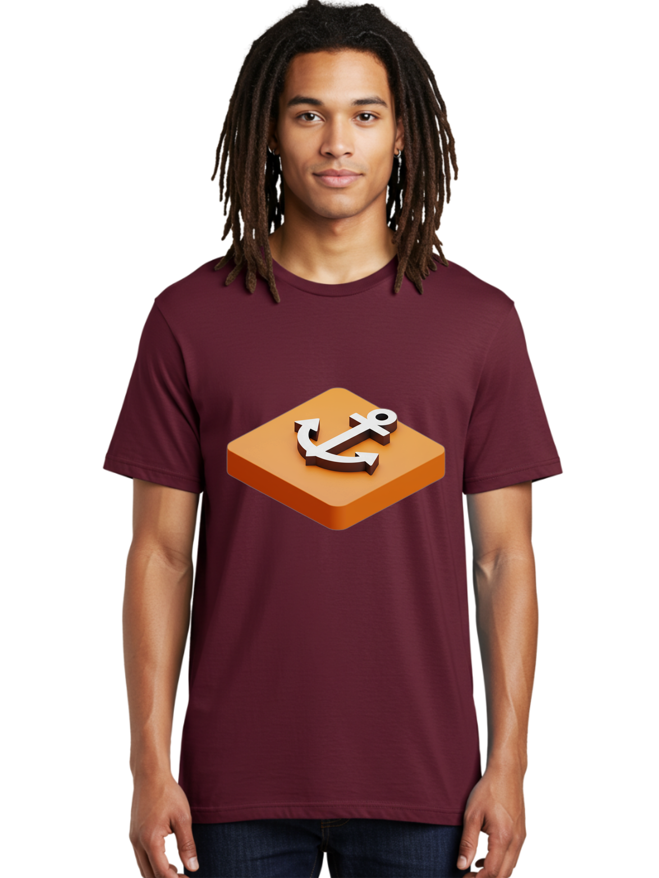 Anchor-1 Men'S Graphic Tee, 100% Cotton, Comfortable Casual Summer Wear, Machine Washable, 3D Anchor Icon, Orange Square Base, Nautical Symbol, Maritime Emblem, Stability And Strength, Modern Design, Digital Graphic Bae113 19