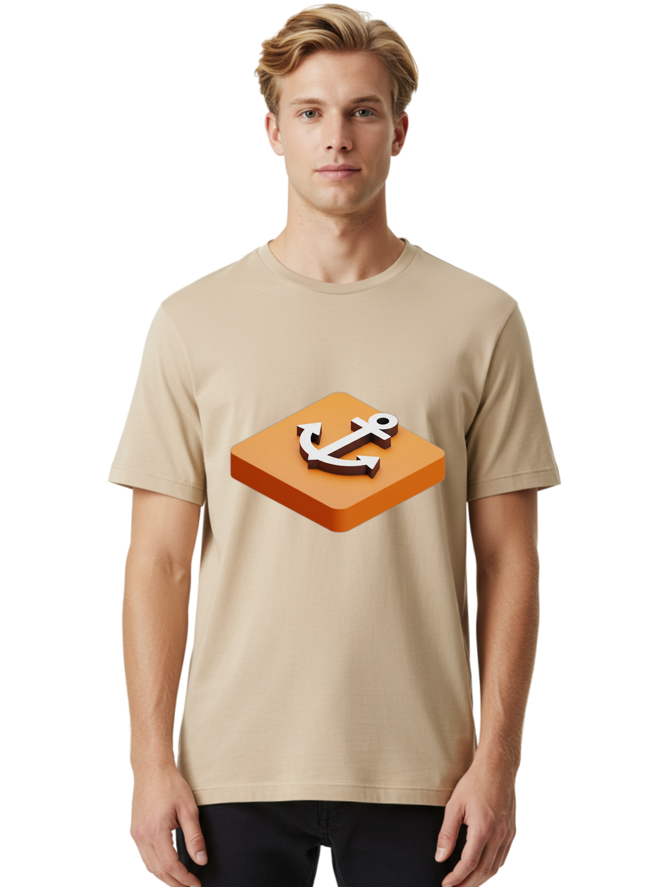 Anchor-1 Men'S Graphic Tee, 100% Cotton, Comfortable Casual Summer Wear, Machine Washable, 3D Anchor Icon, Orange Square Base, Nautical Symbol, Maritime Emblem, Stability And Strength, Modern Design, Digital Graphic Bae113 22