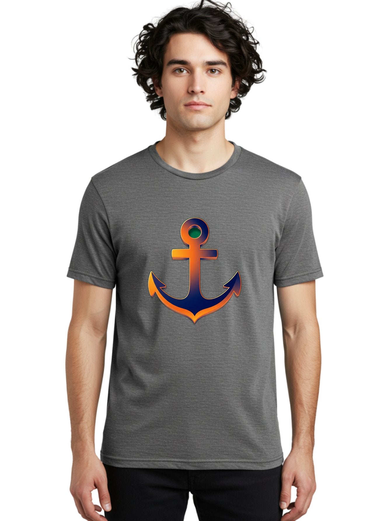 Anchor Men'S Graphic Tee, 100% Cotton, Comfortable Casual Summer Wear, Machine Washable, Anchor Symbol, Nautical Theme, Navy Blue And Orange Gradient, 3D Effect, Maritime Icon, Bold Design, Gradient Colors, Anchor Illustration Bae114 29