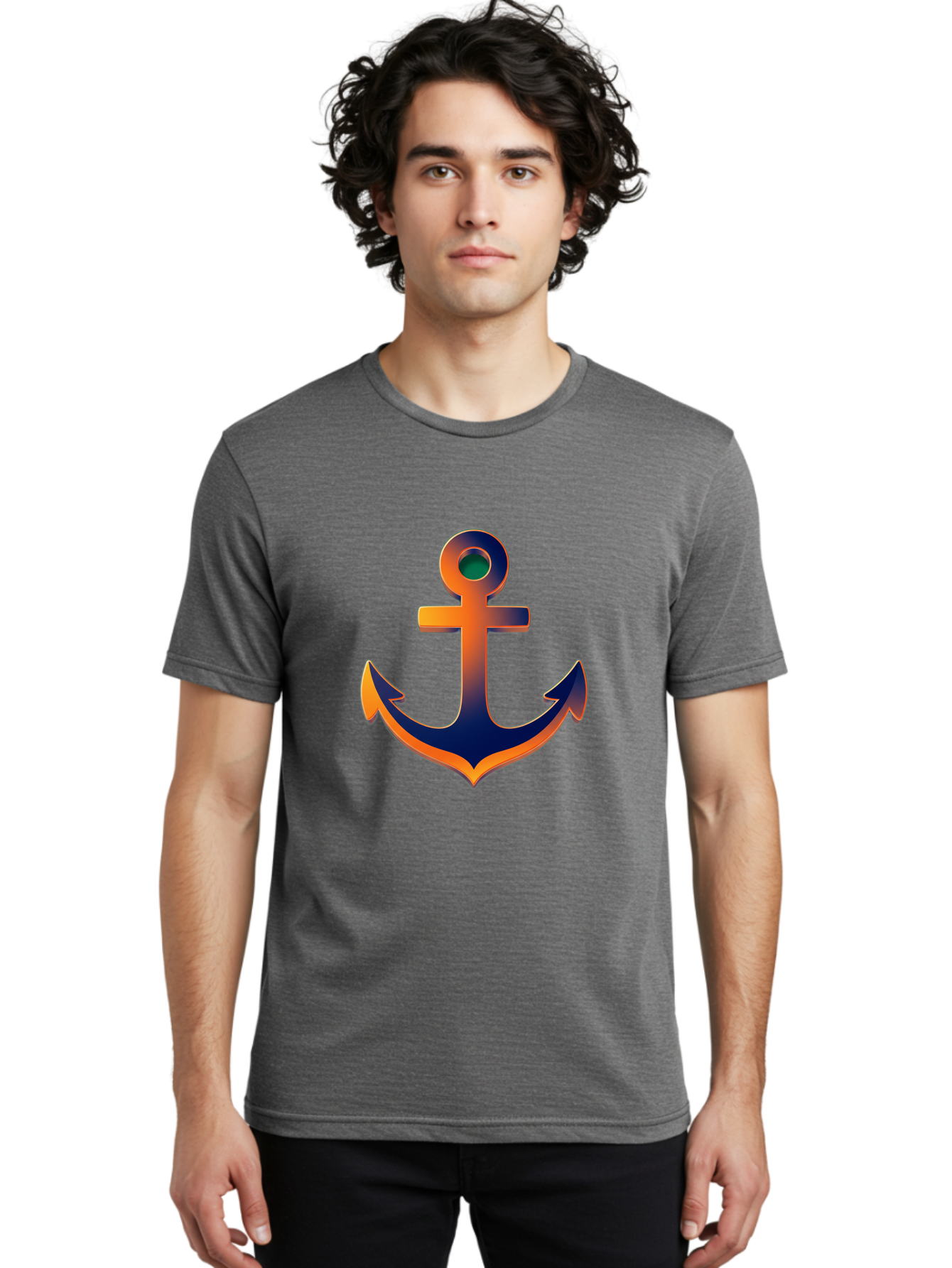 Anchor Men'S Graphic Tee, 100% Cotton, Comfortable Casual Summer Wear, Machine Washable, Anchor Symbol, Nautical Theme, Navy Blue And Orange Gradient, 3D Effect, Maritime Icon, Bold Design, Gradient Colors, Anchor Illustration Bae114 17