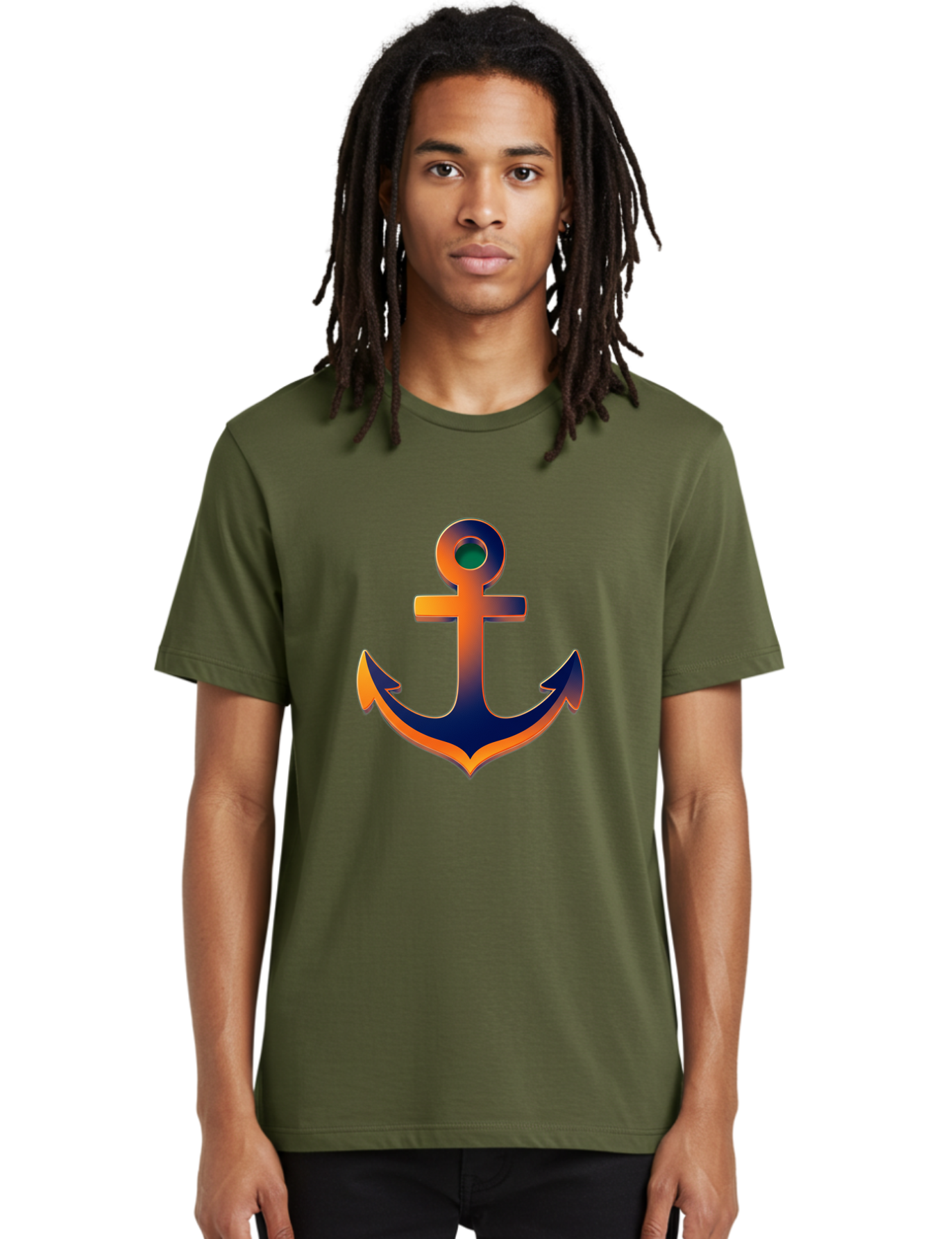 Anchor Men'S Graphic Tee, 100% Cotton, Comfortable Casual Summer Wear, Machine Washable, Anchor Symbol, Nautical Theme, Navy Blue And Orange Gradient, 3D Effect, Maritime Icon, Bold Design, Gradient Colors, Anchor Illustration Bae114 24
