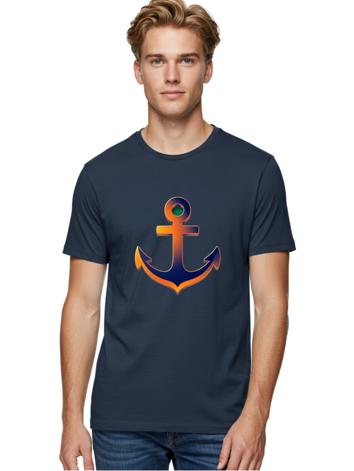 Anchor Men'S Graphic Tee, 100% Cotton, Comfortable Casual Summer Wear, Machine Washable, Anchor Symbol, Nautical Theme, Navy Blue And Orange Gradient, 3D Effect, Maritime Icon, Bold Design, Gradient Colors, Anchor Illustration Bae114 25