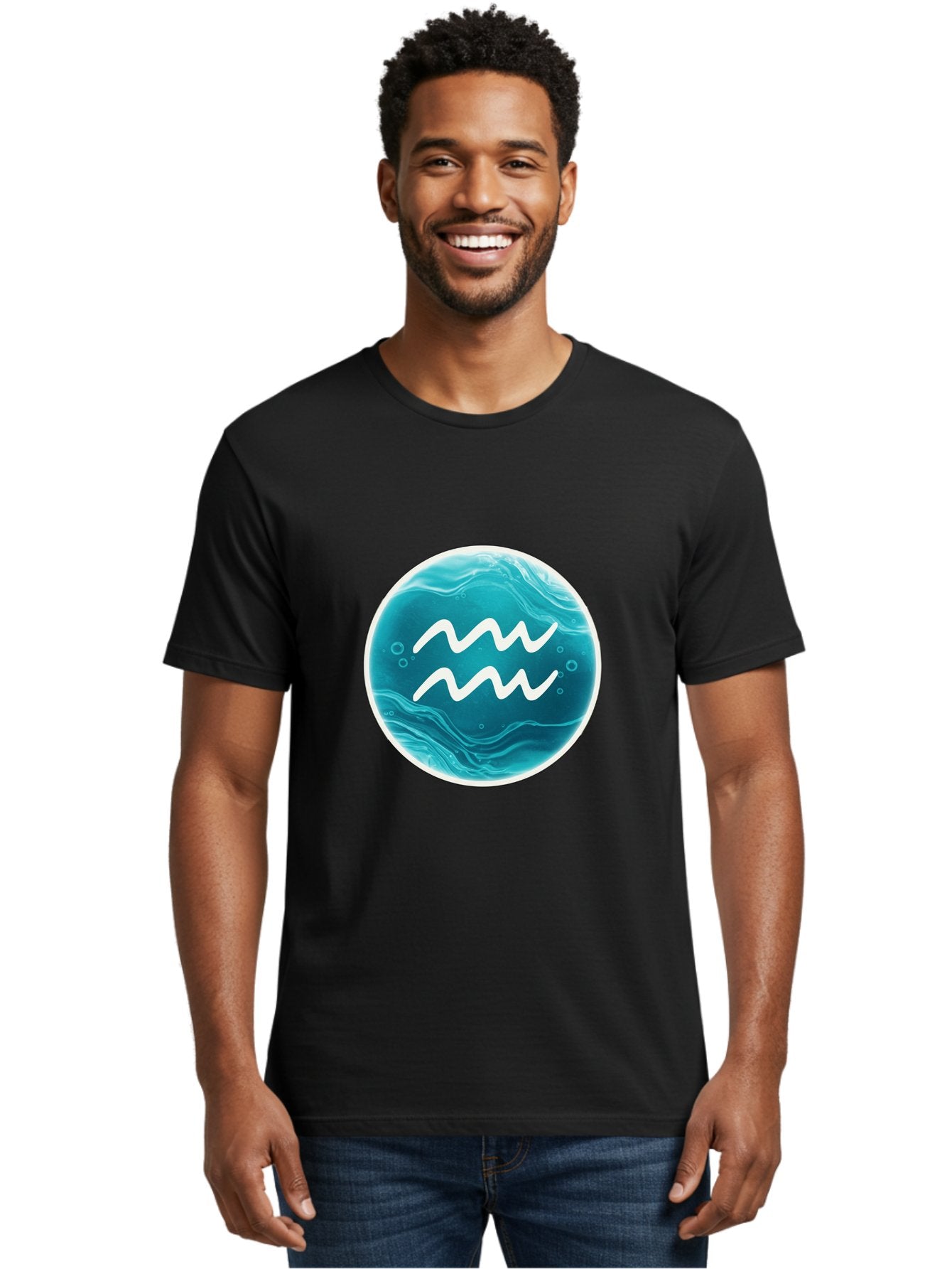 Aquarius Men'S Graphic Tee, 100% Cotton, Comfortable Casual Summer Wear, Machine Washable, Zodiac Symbol, Water Bearer Sign, Astrology Symbol, Aquarius Symbol, White Waves, Blue Circle, Mystical Design, Esoteric Art Bae115 29