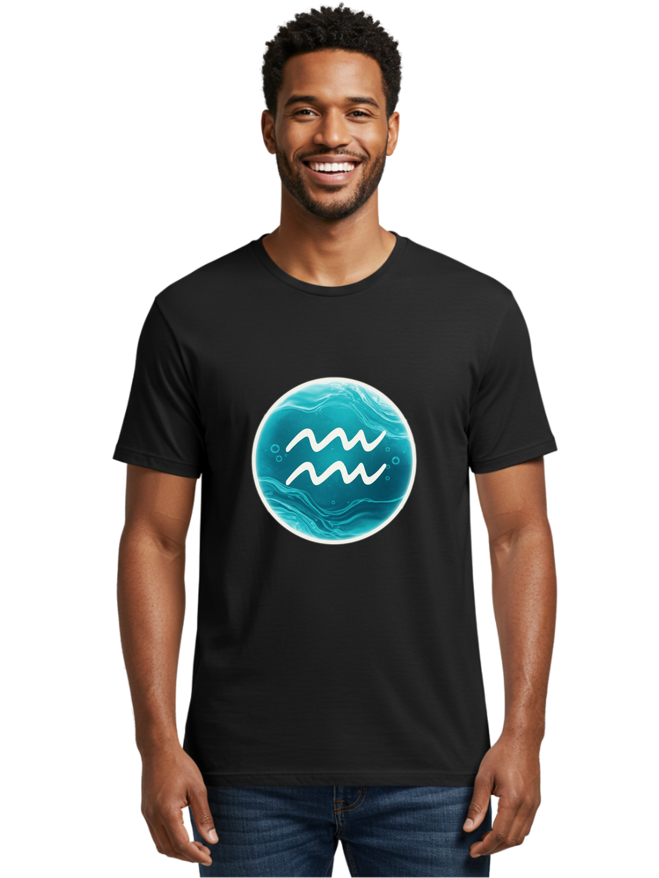 Aquarius Men'S Graphic Tee, 100% Cotton, Comfortable Casual Summer Wear, Machine Washable, Zodiac Symbol, Water Bearer Sign, Astrology Symbol, Aquarius Symbol, White Waves, Blue Circle, Mystical Design, Esoteric Art Bae115 17