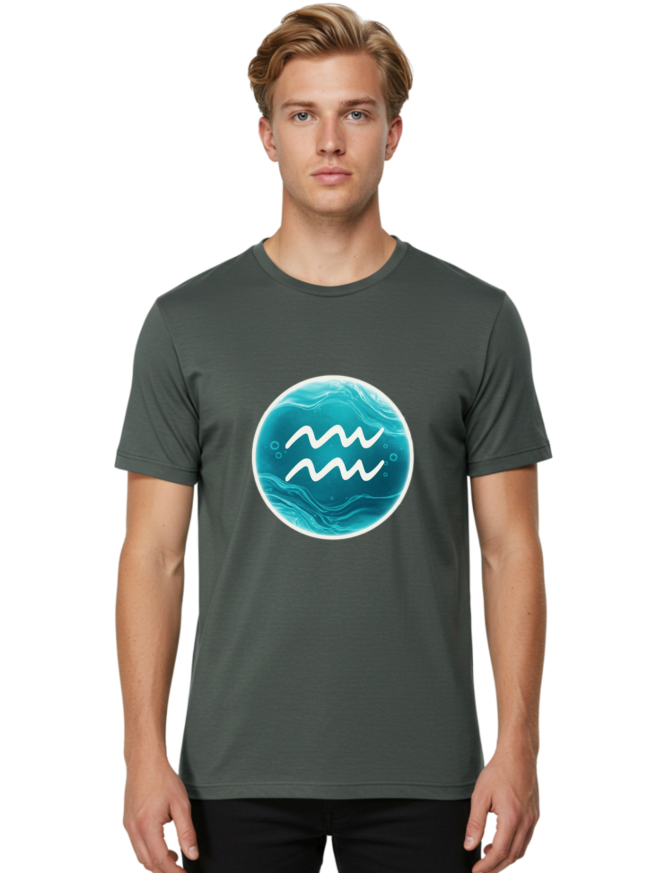 Aquarius Men'S Graphic Tee, 100% Cotton, Comfortable Casual Summer Wear, Machine Washable, Zodiac Symbol, Water Bearer Sign, Astrology Symbol, Aquarius Symbol, White Waves, Blue Circle, Mystical Design, Esoteric Art Bae115 20