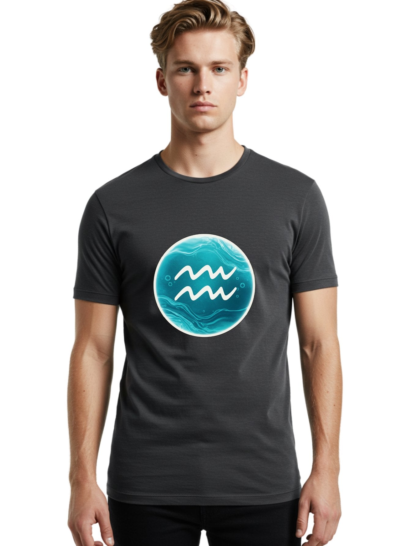 Aquarius Men'S Graphic Tee, 100% Cotton, Comfortable Casual Summer Wear, Machine Washable, Zodiac Symbol, Water Bearer Sign, Astrology Symbol, Aquarius Symbol, White Waves, Blue Circle, Mystical Design, Esoteric Art Bae115 27