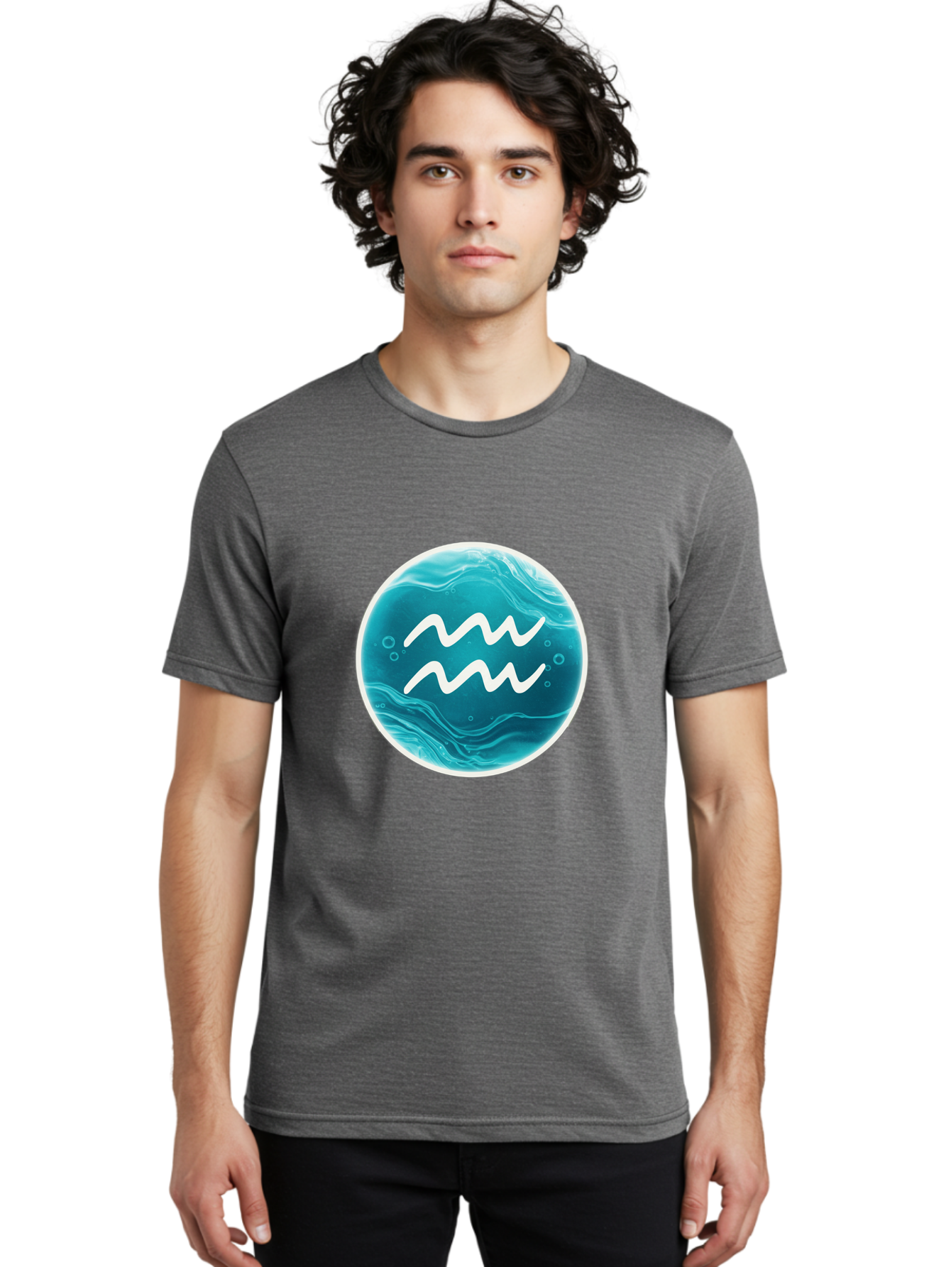 Aquarius Men'S Graphic Tee, 100% Cotton, Comfortable Casual Summer Wear, Machine Washable, Zodiac Symbol, Water Bearer Sign, Astrology Symbol, Aquarius Symbol, White Waves, Blue Circle, Mystical Design, Esoteric Art Bae115 25