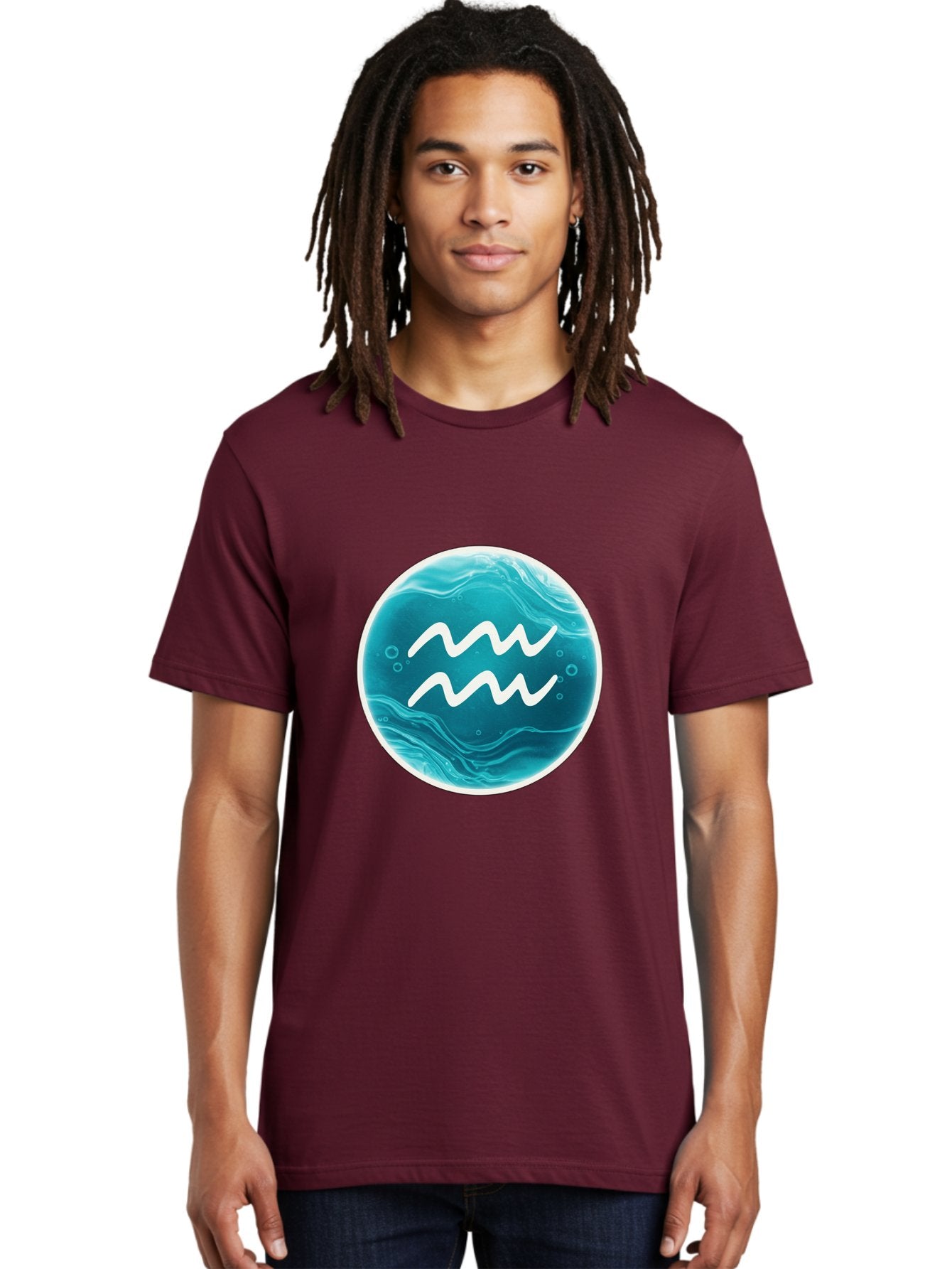 Aquarius Men'S Graphic Tee, 100% Cotton, Comfortable Casual Summer Wear, Machine Washable, Zodiac Symbol, Water Bearer Sign, Astrology Symbol, Aquarius Symbol, White Waves, Blue Circle, Mystical Design, Esoteric Art Bae115 30