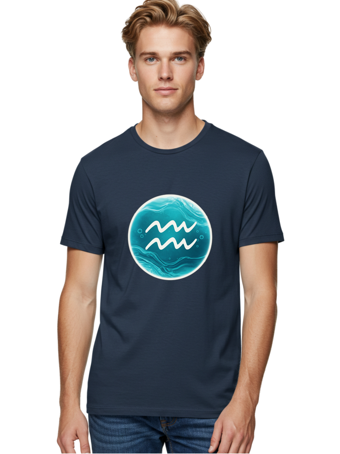 Aquarius Men'S Graphic Tee, 100% Cotton, Comfortable Casual Summer Wear, Machine Washable, Zodiac Symbol, Water Bearer Sign, Astrology Symbol, Aquarius Symbol, White Waves, Blue Circle, Mystical Design, Esoteric Art Bae115 29