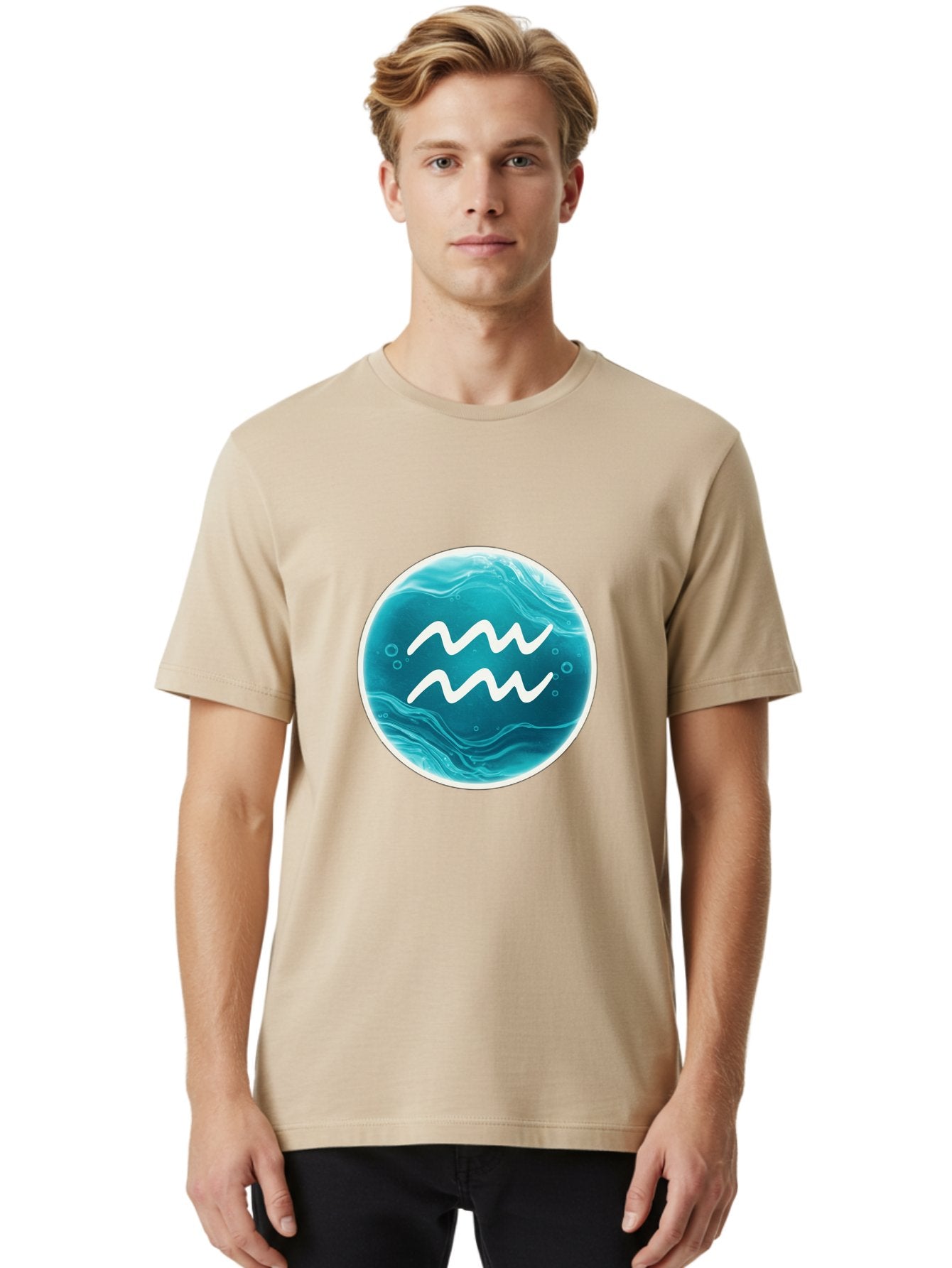 Aquarius Men'S Graphic Tee, 100% Cotton, Comfortable Casual Summer Wear, Machine Washable, Zodiac Symbol, Water Bearer Sign, Astrology Symbol, Aquarius Symbol, White Waves, Blue Circle, Mystical Design, Esoteric Art Bae115 23