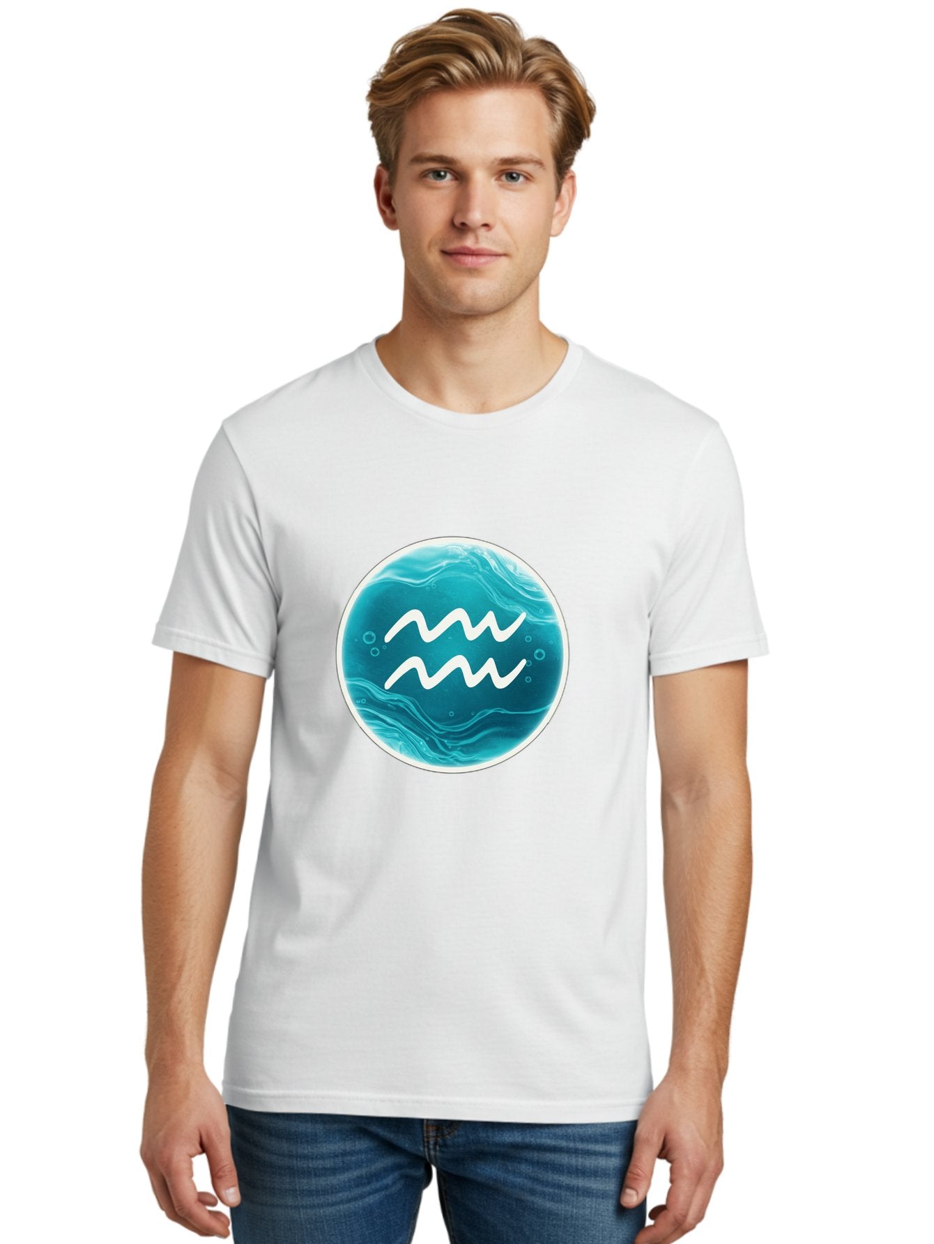 Aquarius Men'S Graphic Tee, 100% Cotton, Comfortable Casual Summer Wear, Machine Washable, Zodiac Symbol, Water Bearer Sign, Astrology Symbol, Aquarius Symbol, White Waves, Blue Circle, Mystical Design, Esoteric Art Bae115 20