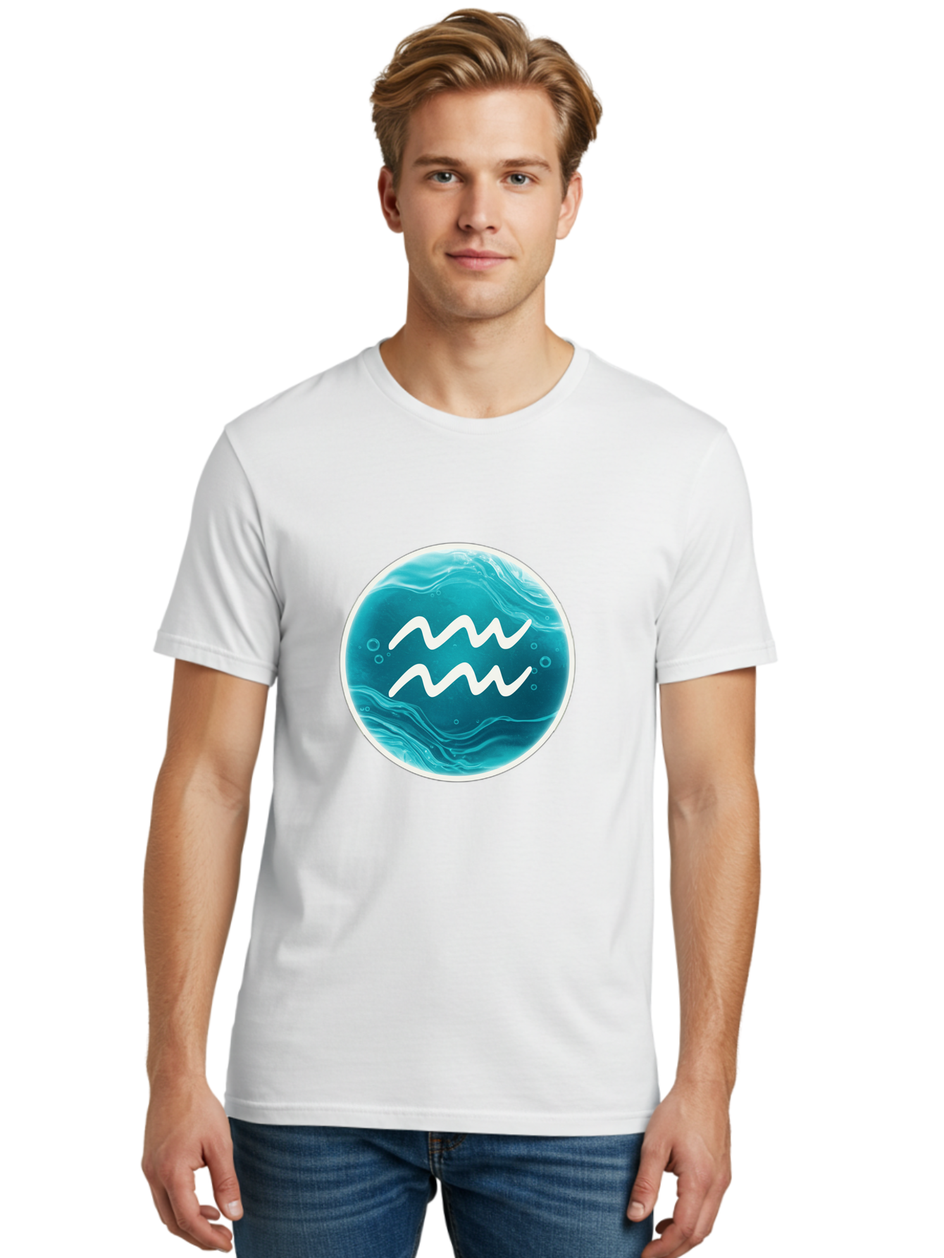 Aquarius Men'S Graphic Tee, 100% Cotton, Comfortable Casual Summer Wear, Machine Washable, Zodiac Symbol, Water Bearer Sign, Astrology Symbol, Aquarius Symbol, White Waves, Blue Circle, Mystical Design, Esoteric Art Bae115 30