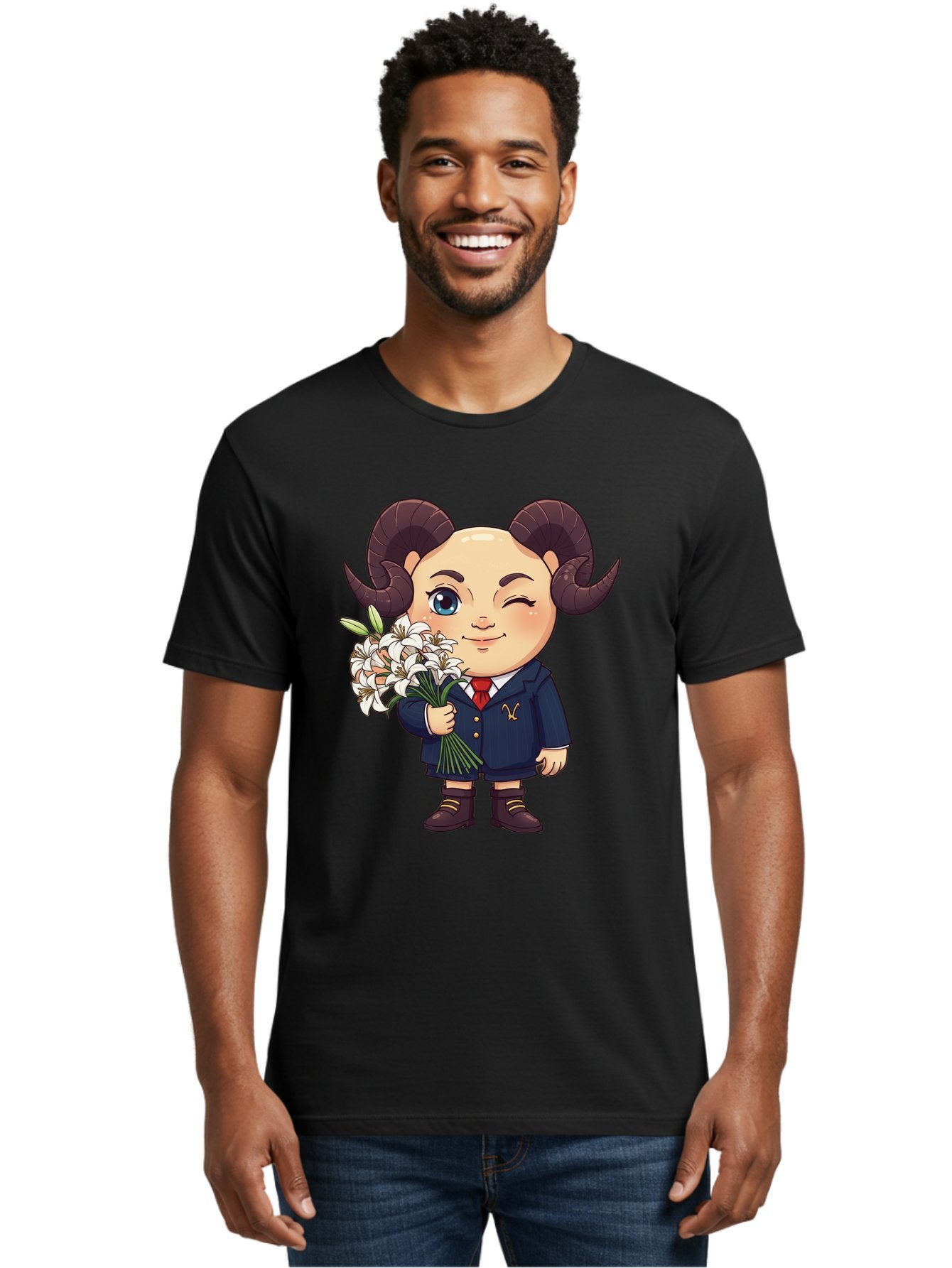 Aries-Zodiac-Cartoon-Character Men'S Graphic Tee, 100% Cotton, Comfortable Casual Summer Wear, Machine Washable, Cartoon Aries Character, Formal Attire, Bouquet Of White Flowers, Astrology Symbol, Zodiac Sign, Unique Illustration, Bae117 25