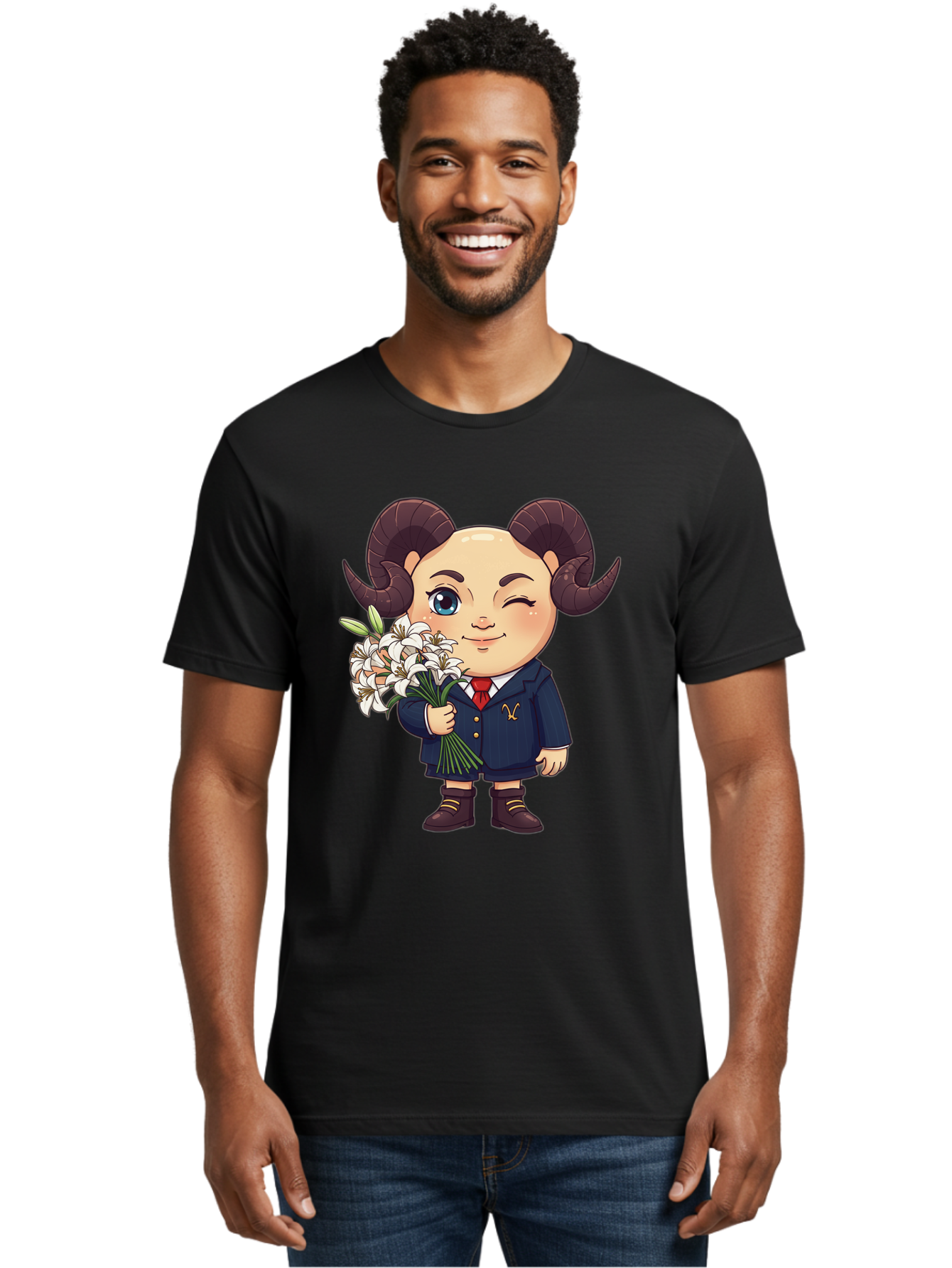 Aries-Zodiac-Cartoon-Character Men'S Graphic Tee, 100% Cotton, Comfortable Casual Summer Wear, Machine Washable, Cartoon Aries Character, Formal Attire, Bouquet Of White Flowers, Astrology Symbol, Zodiac Sign, Unique Illustration, Bae117 21