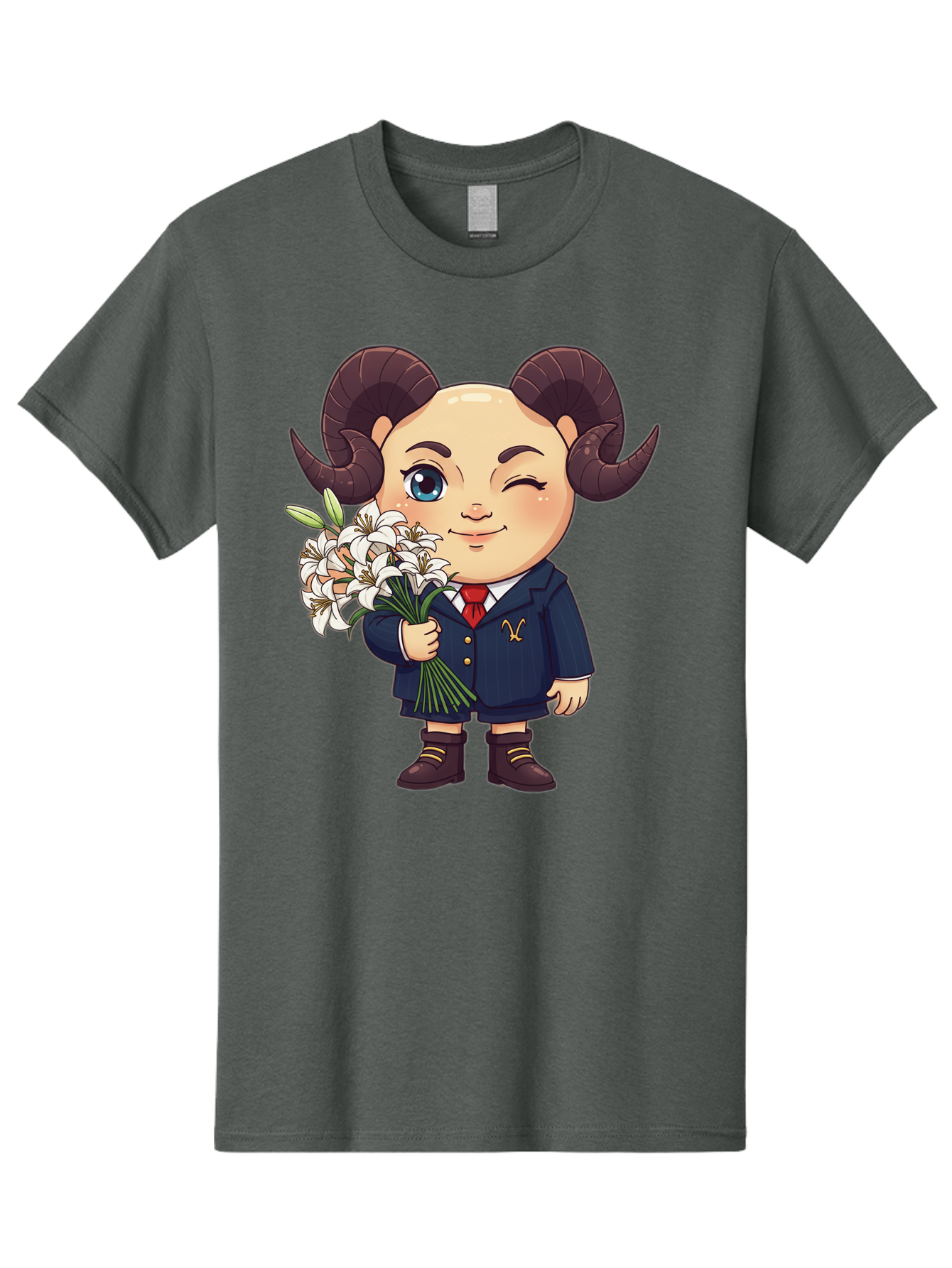 Aries-Zodiac-Cartoon-Character Men'S Graphic Tee, 100% Cotton, Comfortable Casual Summer Wear, Machine Washable, Cartoon Aries Character, Formal Attire, Bouquet Of White Flowers, Astrology Symbol, Zodiac Sign, Unique Illustration, Bae117 3