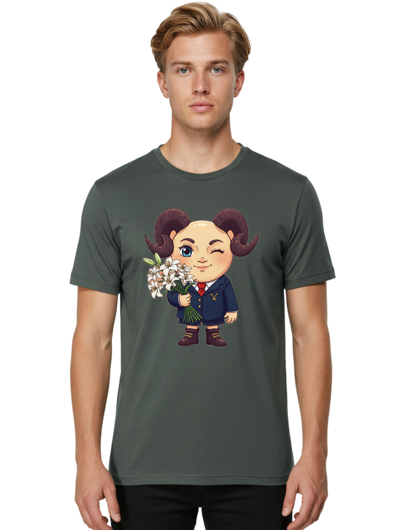 Aries-Zodiac-Cartoon-Character Men'S Graphic Tee, 100% Cotton, Comfortable Casual Summer Wear, Machine Washable, Cartoon Aries Character, Formal Attire, Bouquet Of White Flowers, Astrology Symbol, Zodiac Sign, Unique Illustration, Bae117 18