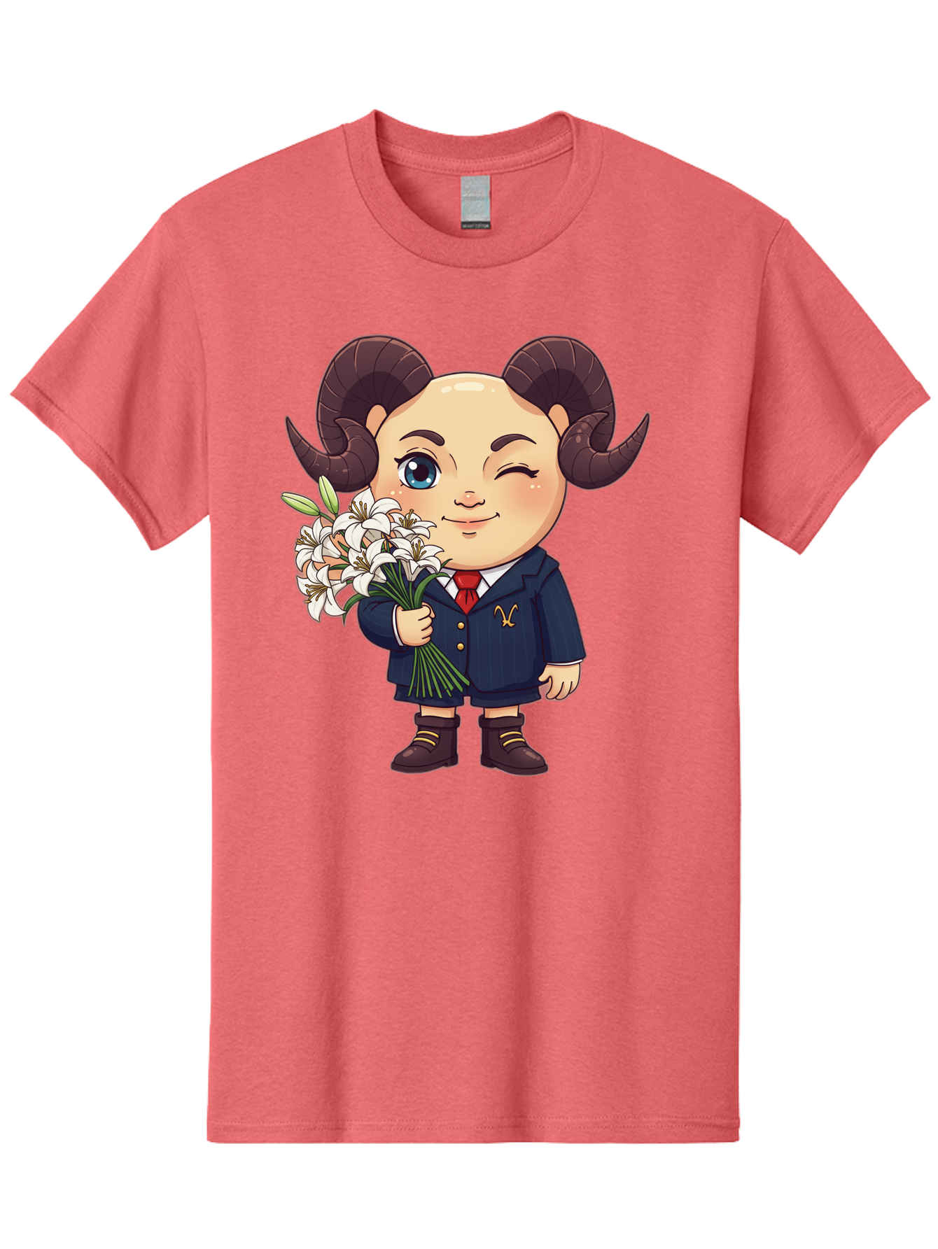 Aries-Zodiac-Cartoon-Character Men'S Graphic Tee, 100% Cotton, Comfortable Casual Summer Wear, Machine Washable, Cartoon Aries Character, Formal Attire, Bouquet Of White Flowers, Astrology Symbol, Zodiac Sign, Unique Illustration, Bae117 5