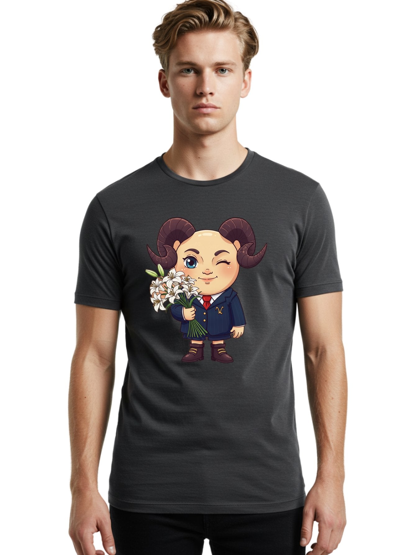 Aries-Zodiac-Cartoon-Character Men'S Graphic Tee, 100% Cotton, Comfortable Casual Summer Wear, Machine Washable, Cartoon Aries Character, Formal Attire, Bouquet Of White Flowers, Astrology Symbol, Zodiac Sign, Unique Illustration, Bae117 23