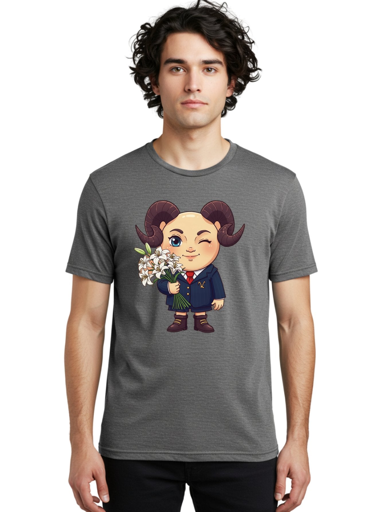 Aries-Zodiac-Cartoon-Character Men'S Graphic Tee, 100% Cotton, Comfortable Casual Summer Wear, Machine Washable, Cartoon Aries Character, Formal Attire, Bouquet Of White Flowers, Astrology Symbol, Zodiac Sign, Unique Illustration, Bae117 16