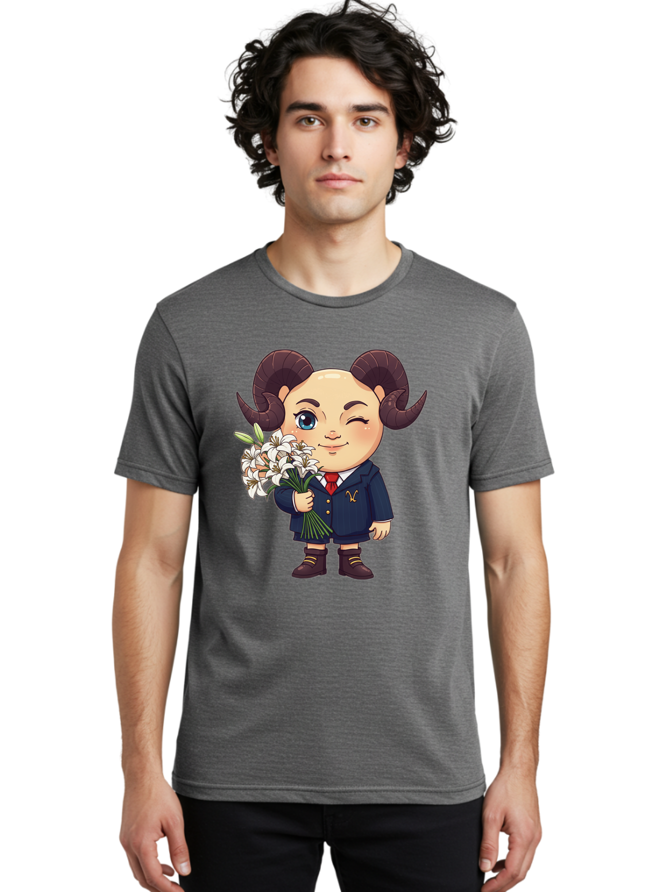 Aries-Zodiac-Cartoon-Character Men'S Graphic Tee, 100% Cotton, Comfortable Casual Summer Wear, Machine Washable, Cartoon Aries Character, Formal Attire, Bouquet Of White Flowers, Astrology Symbol, Zodiac Sign, Unique Illustration, Bae117 28