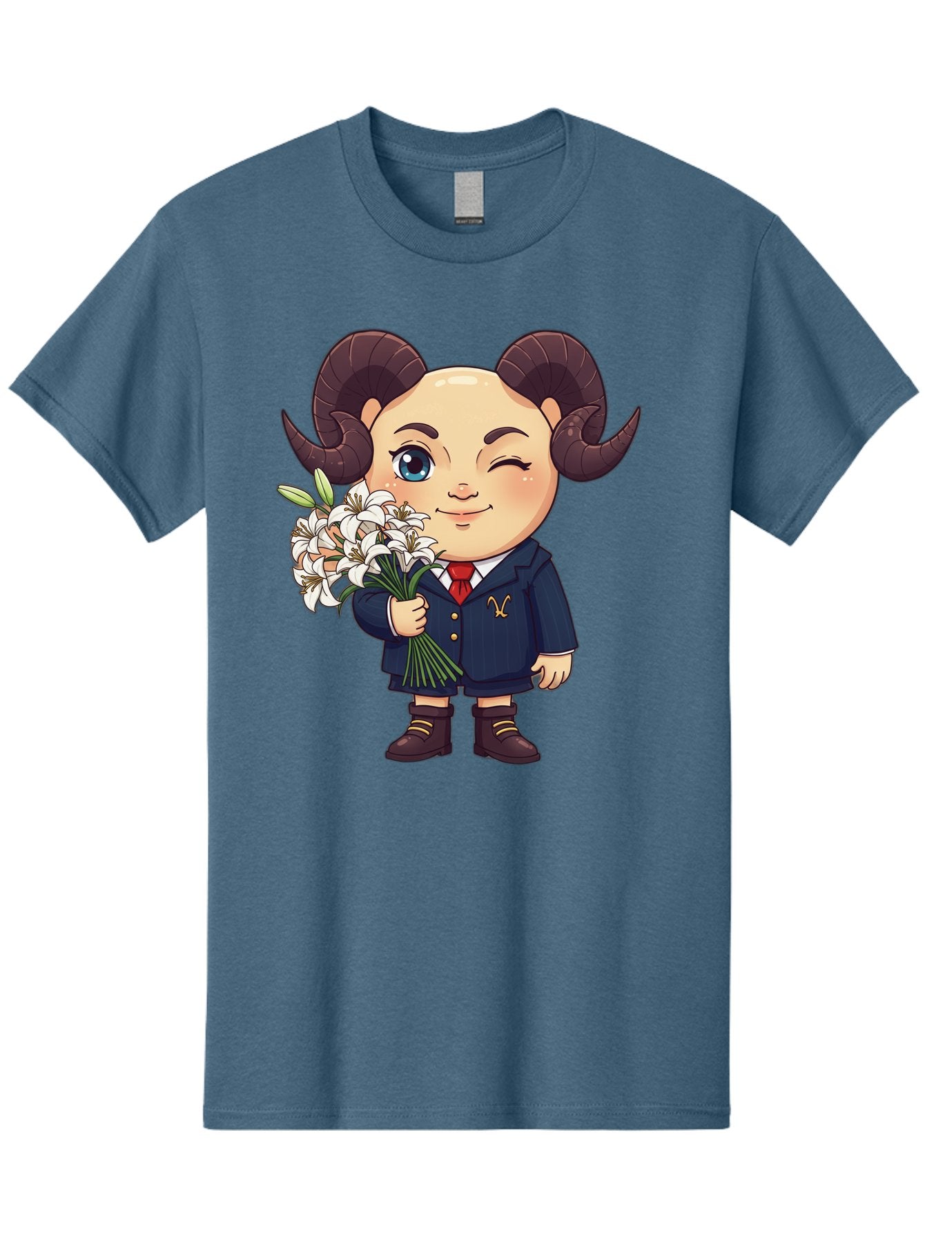 Aries-Zodiac-Cartoon-Character Men'S Graphic Tee, 100% Cotton, Comfortable Casual Summer Wear, Machine Washable, Cartoon Aries Character, Formal Attire, Bouquet Of White Flowers, Astrology Symbol, Zodiac Sign, Unique Illustration, Bae117