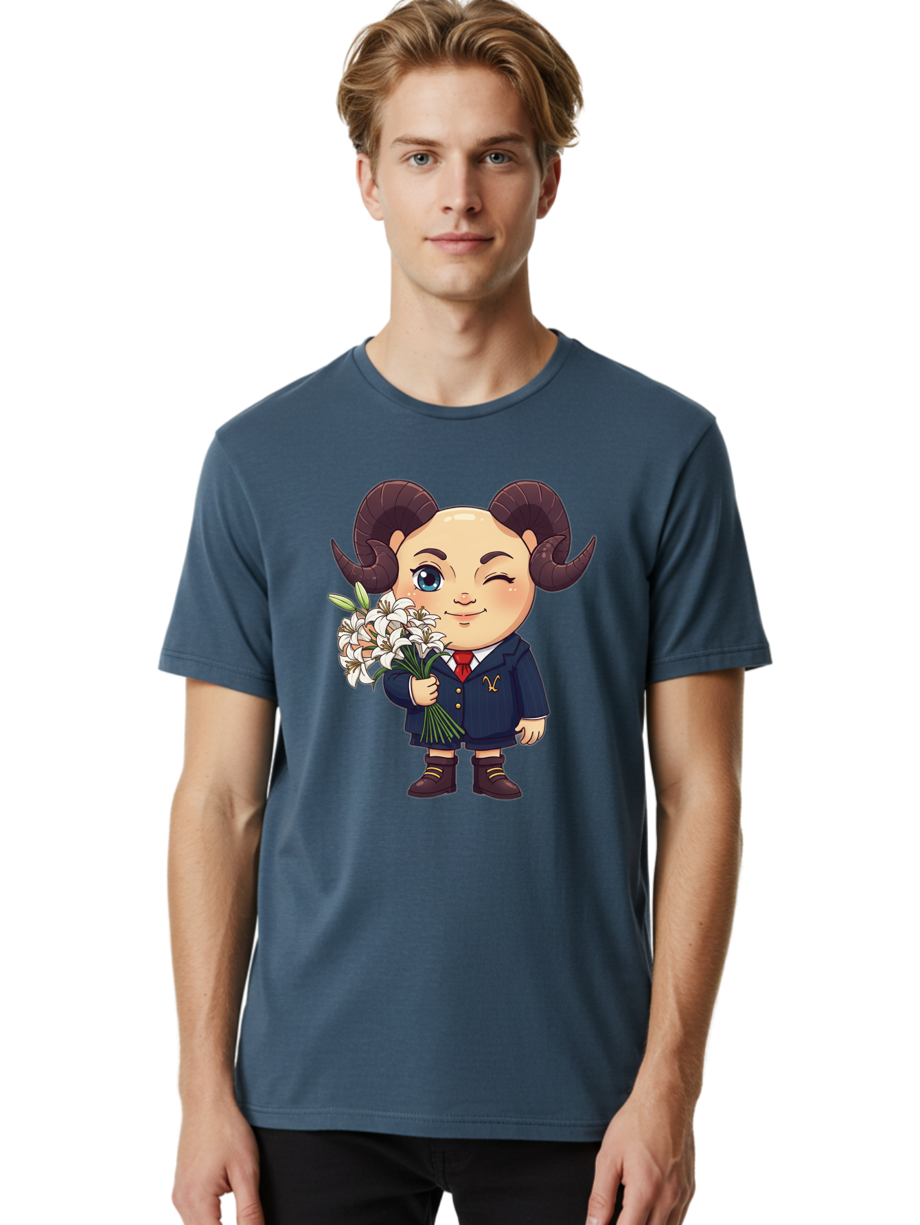Aries-Zodiac-Cartoon-Character Men'S Graphic Tee, 100% Cotton, Comfortable Casual Summer Wear, Machine Washable, Cartoon Aries Character, Formal Attire, Bouquet Of White Flowers, Astrology Symbol, Zodiac Sign, Unique Illustration, Bae117 26