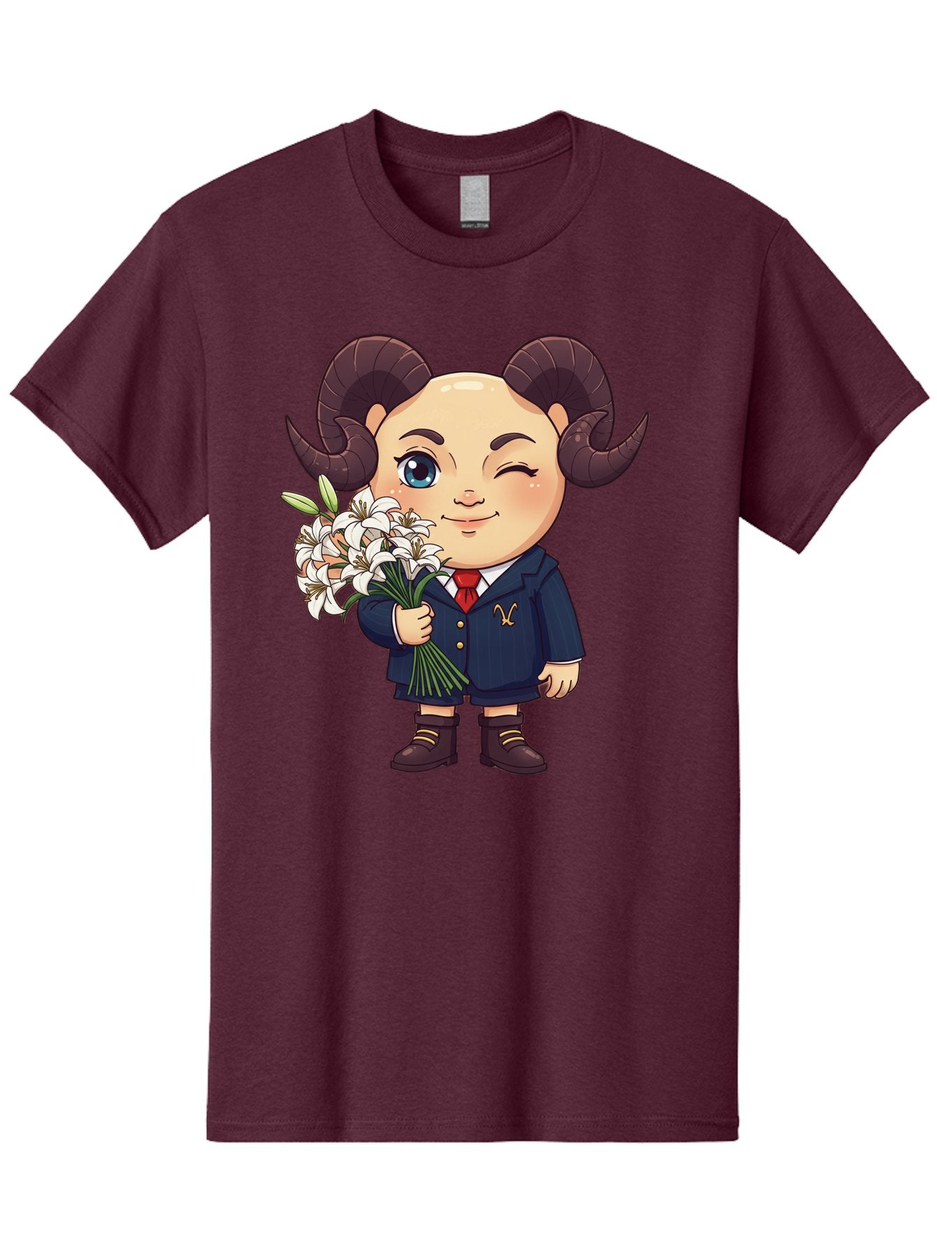 Aries-Zodiac-Cartoon-Character Men'S Graphic Tee, 100% Cotton, Comfortable Casual Summer Wear, Machine Washable, Cartoon Aries Character, Formal Attire, Bouquet Of White Flowers, Astrology Symbol, Zodiac Sign, Unique Illustration, Bae117 6